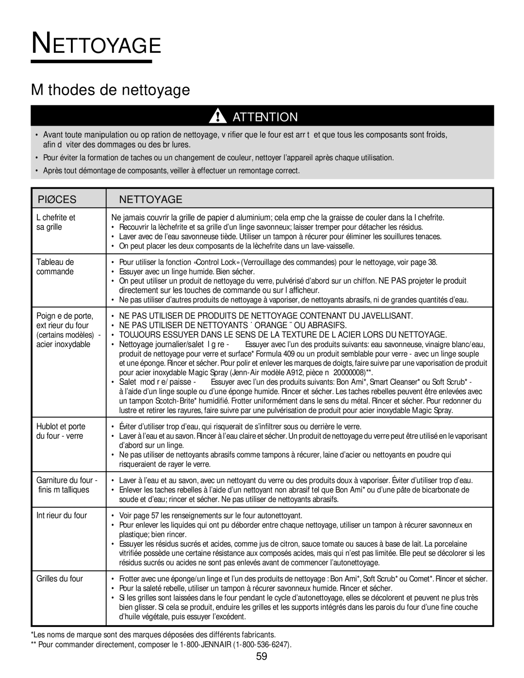 Jenn-Air 8112P212-60 warranty Méthodes de nettoyage, Pièces Nettoyage 