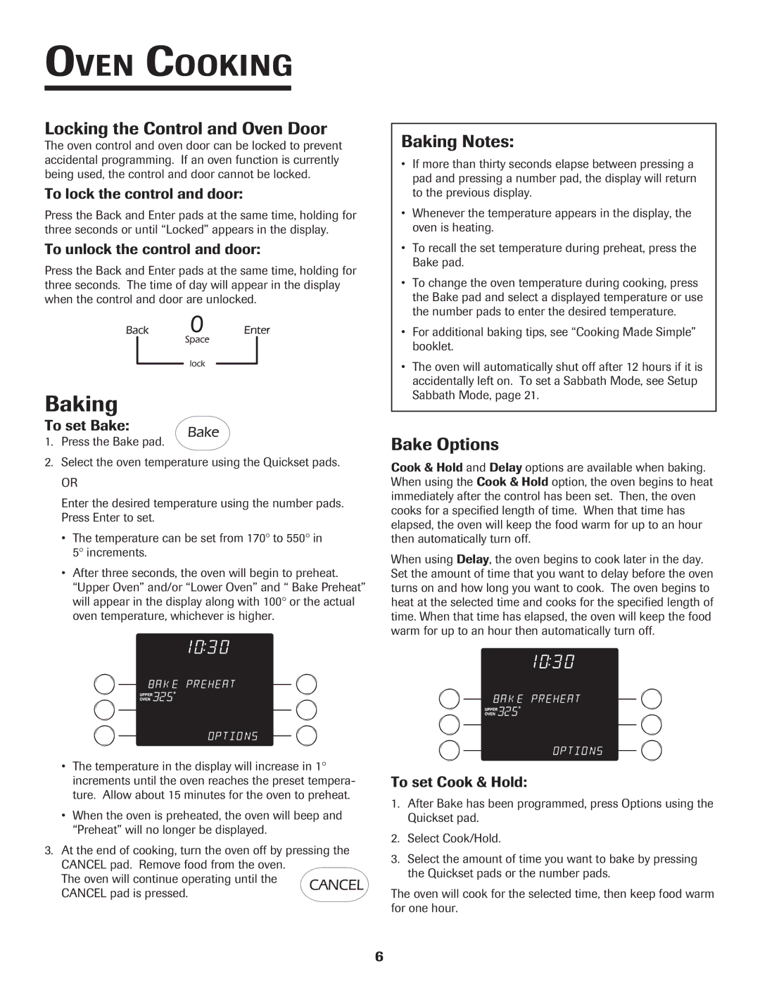 Jenn-Air 8112P212-60 warranty Locking the Control and Oven Door, Baking Notes, Bake Options 