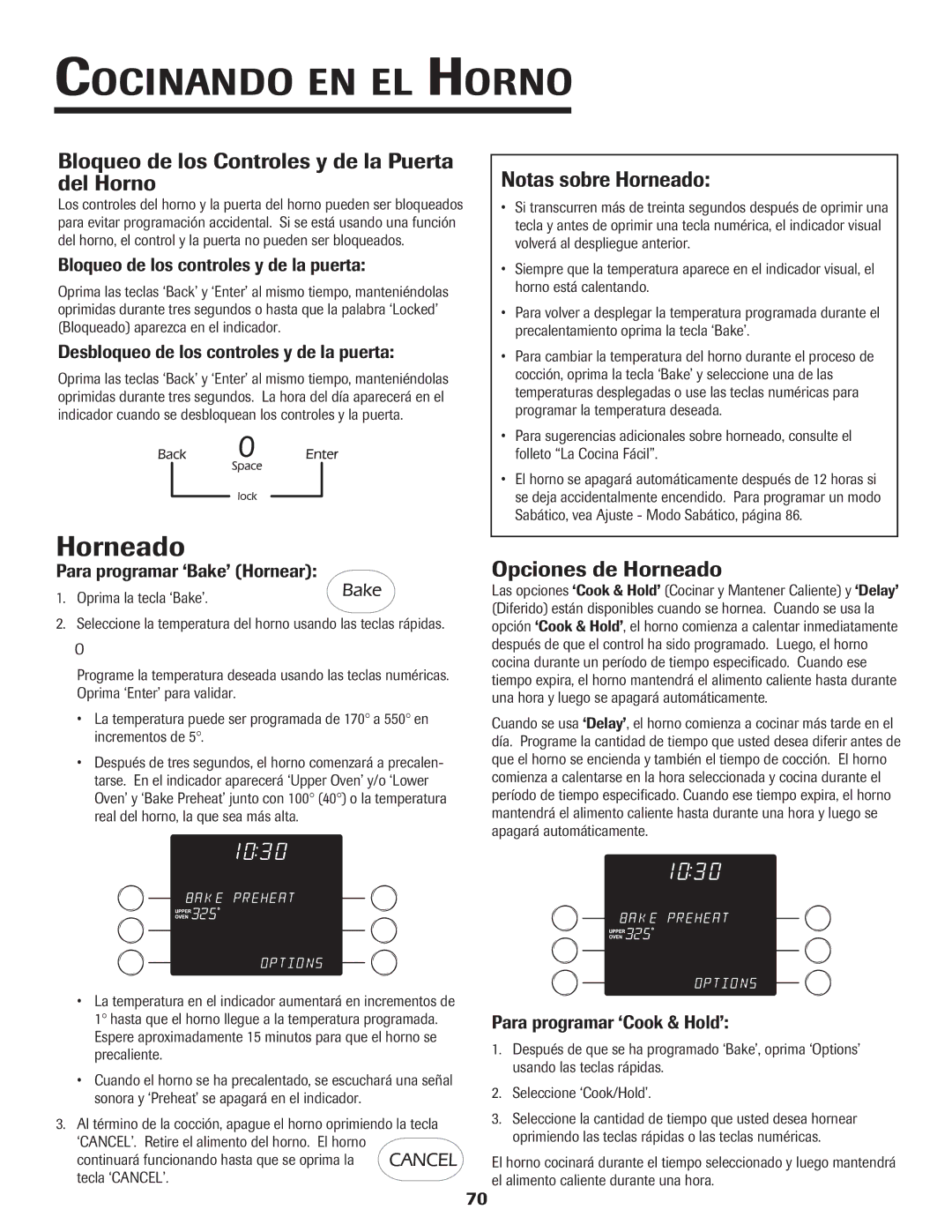 Jenn-Air 8112P212-60 Bloqueo de los Controles y de la Puerta del Horno, Notas sobre Horneado, Opciones de Horneado 