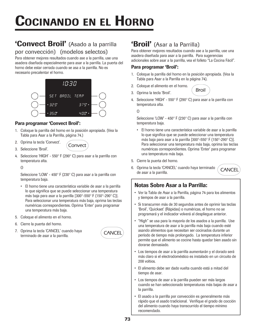 Jenn-Air 8112P212-60 warranty ‘Broil’ Asar a la Parrilla, Notas Sobre Asar a la Parrilla, Para programar ‘Convect Broil’ 