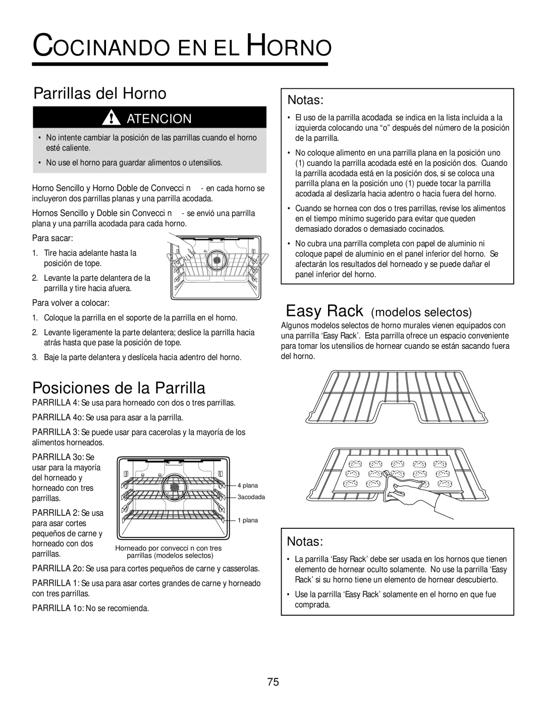 Jenn-Air 8112P212-60 warranty Parrillas del Horno, Posiciones de la Parrilla, Notas, ‘Easy Rack’ modelos selectos 