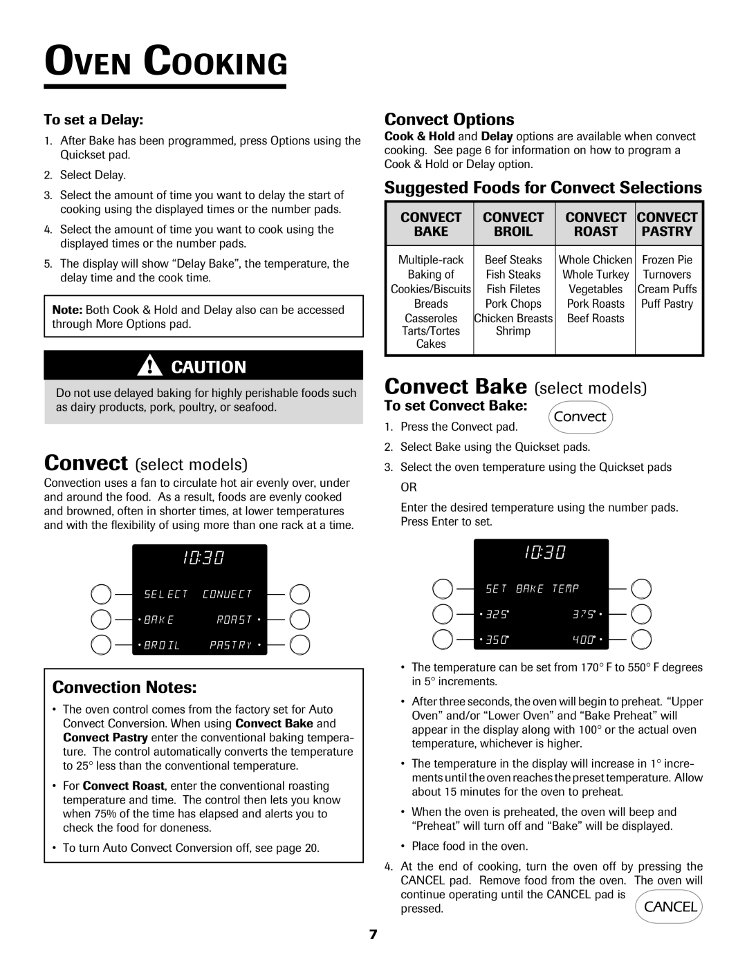 Jenn-Air 8112P212-60 Convect select models, Convection Notes, Convect Options, Suggested Foods for Convect Selections 