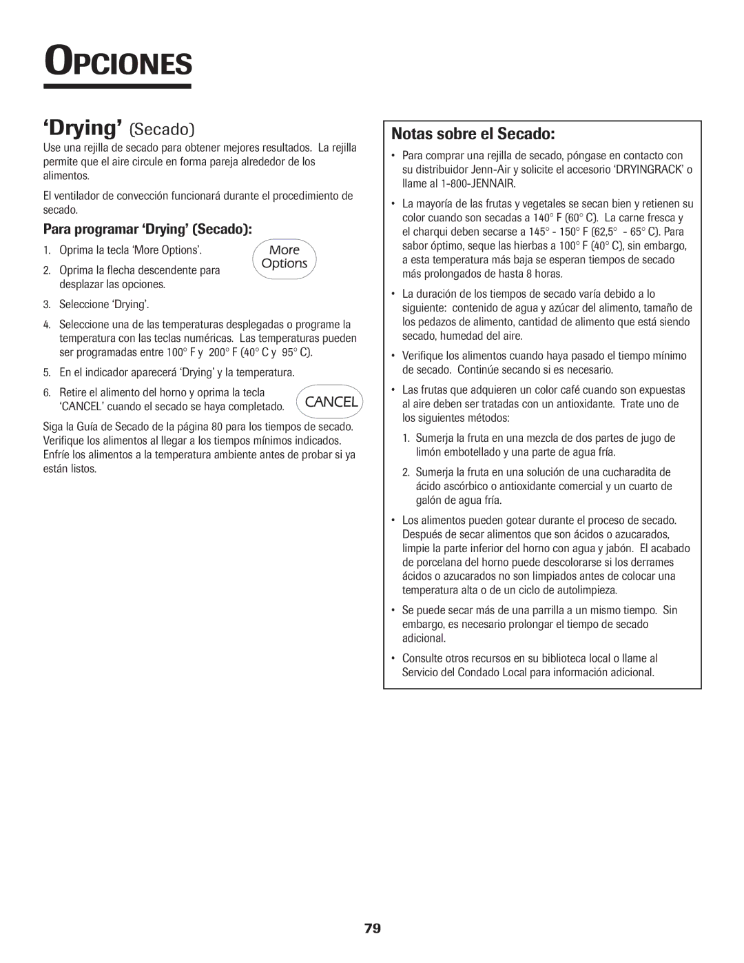 Jenn-Air 8112P212-60 warranty Notas sobre el Secado, Para programar ‘Drying’ Secado 