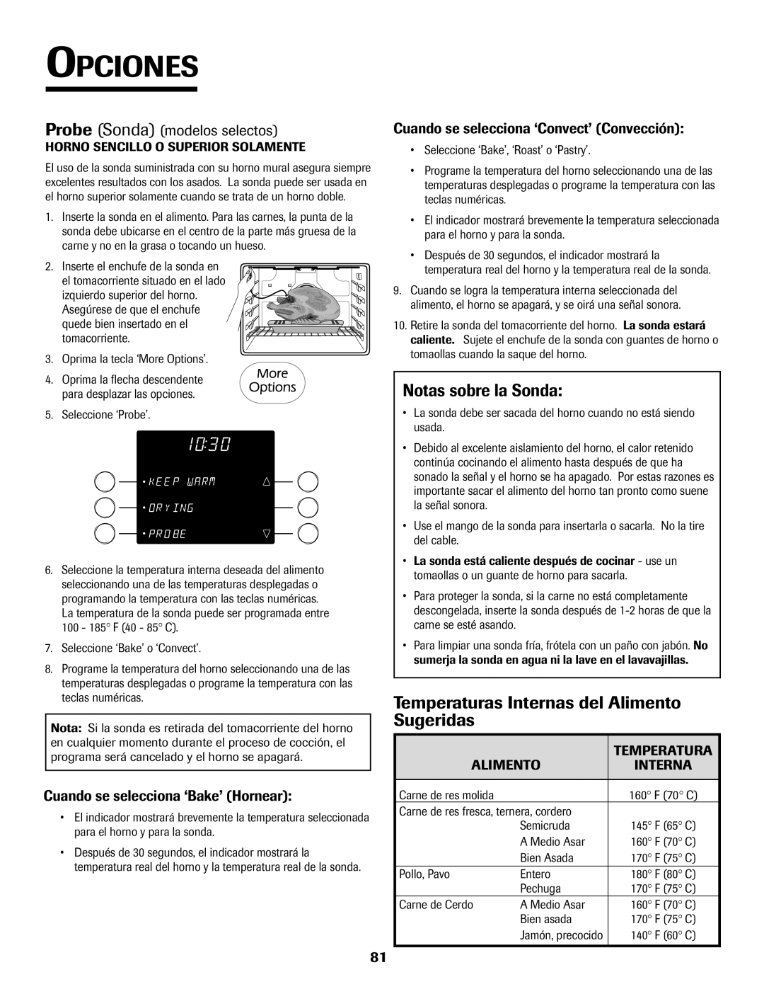 Jenn-Air 8112P212-60 Notas sobre la Sonda, Temperaturas Internas del Alimento Sugeridas, Probe Sonda modelos selectos 