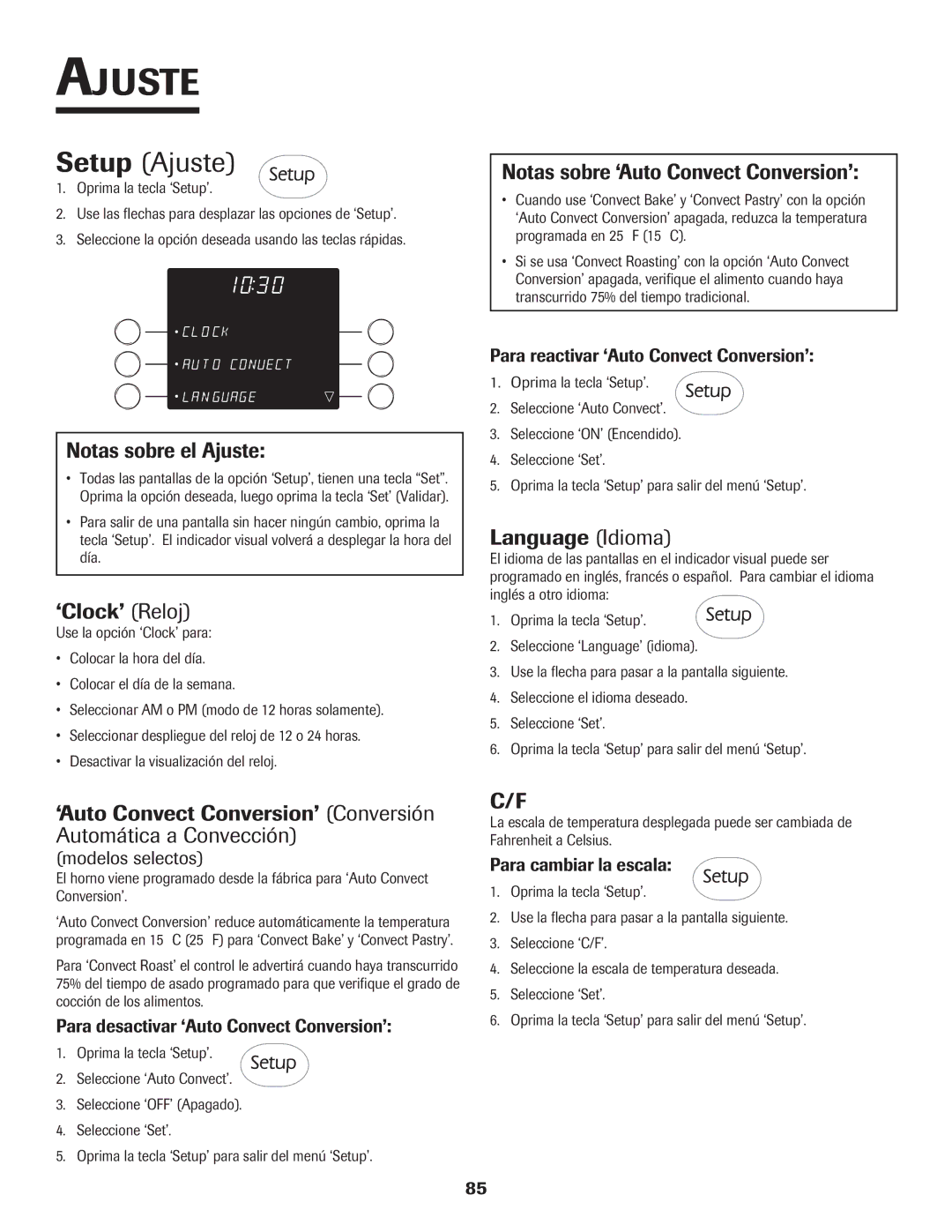 Jenn-Air 8112P212-60 Setup Ajuste, Notas sobre el Ajuste, Notas sobre ‘Auto Convect Conversion’, Language Idioma 