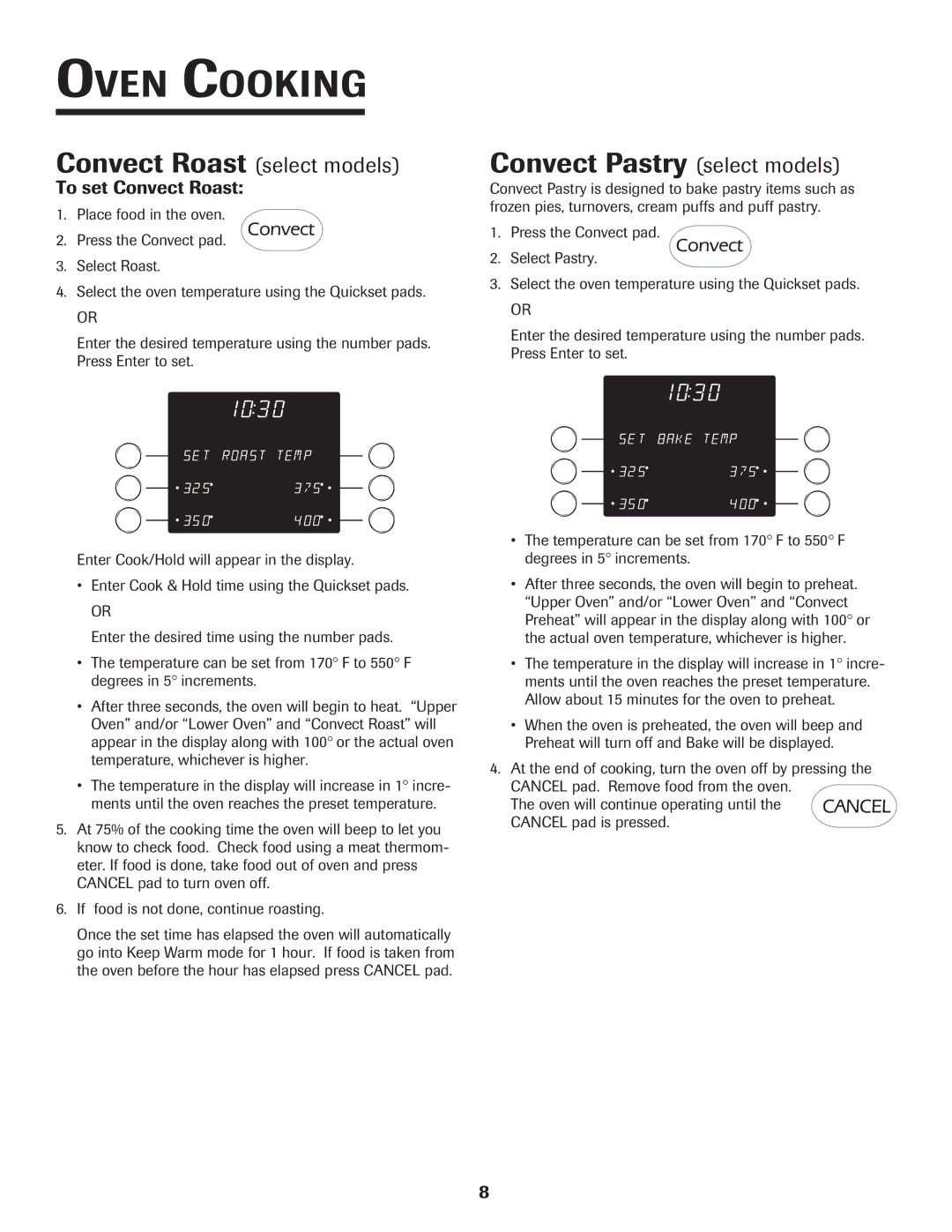 Jenn-Air 8112P212-60 warranty Convect Pastry select models, Convect Roast select models, To set Convect Roast 