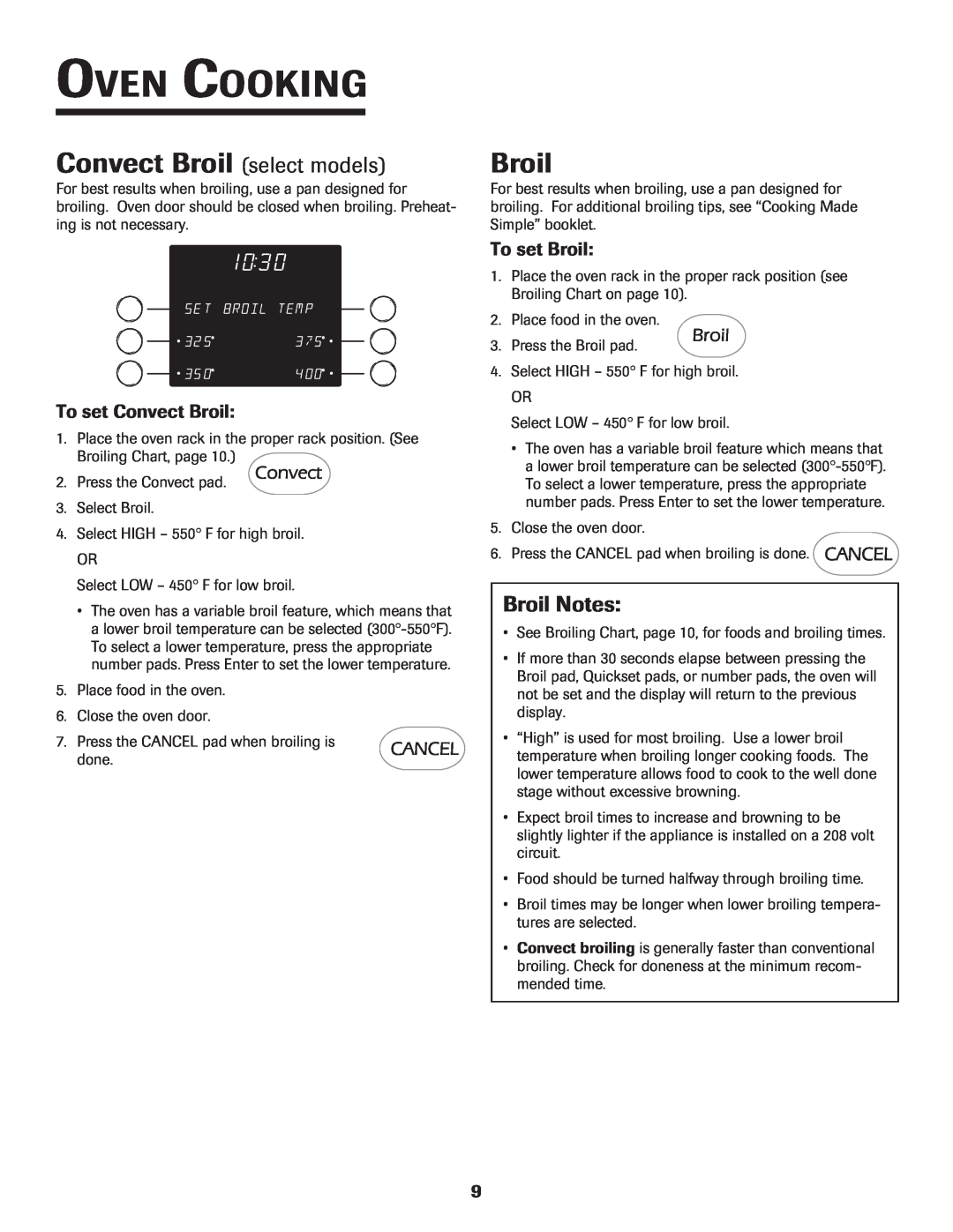 Jenn-Air 8112P212-60 Convect Broil select models, Broil Notes, To set Convect Broil, To set Broil, Oven Cooking 