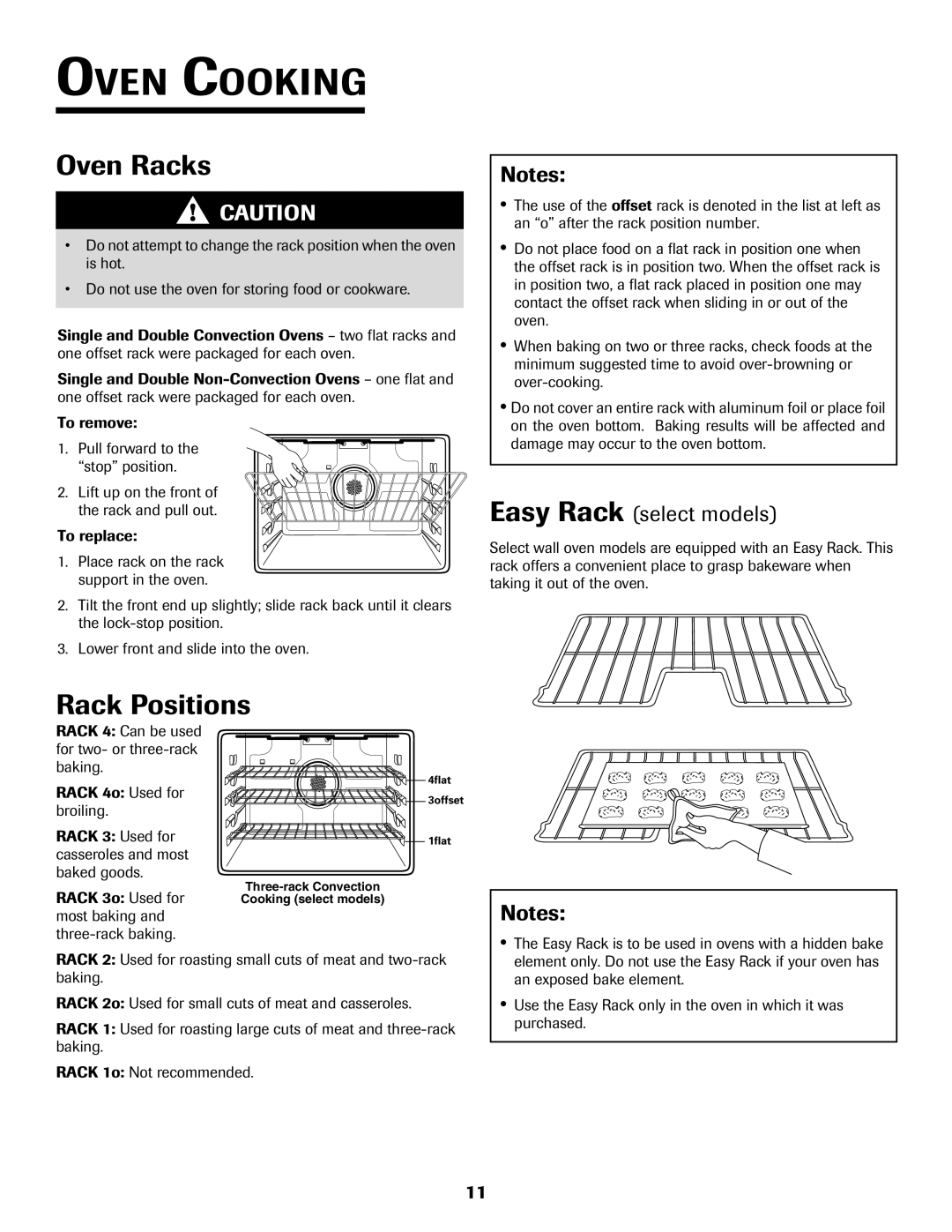Jenn-Air 8112P212-60 warranty Oven Racks, Rack Positions, Notes, Easy Rack select models, Oven Cooking 