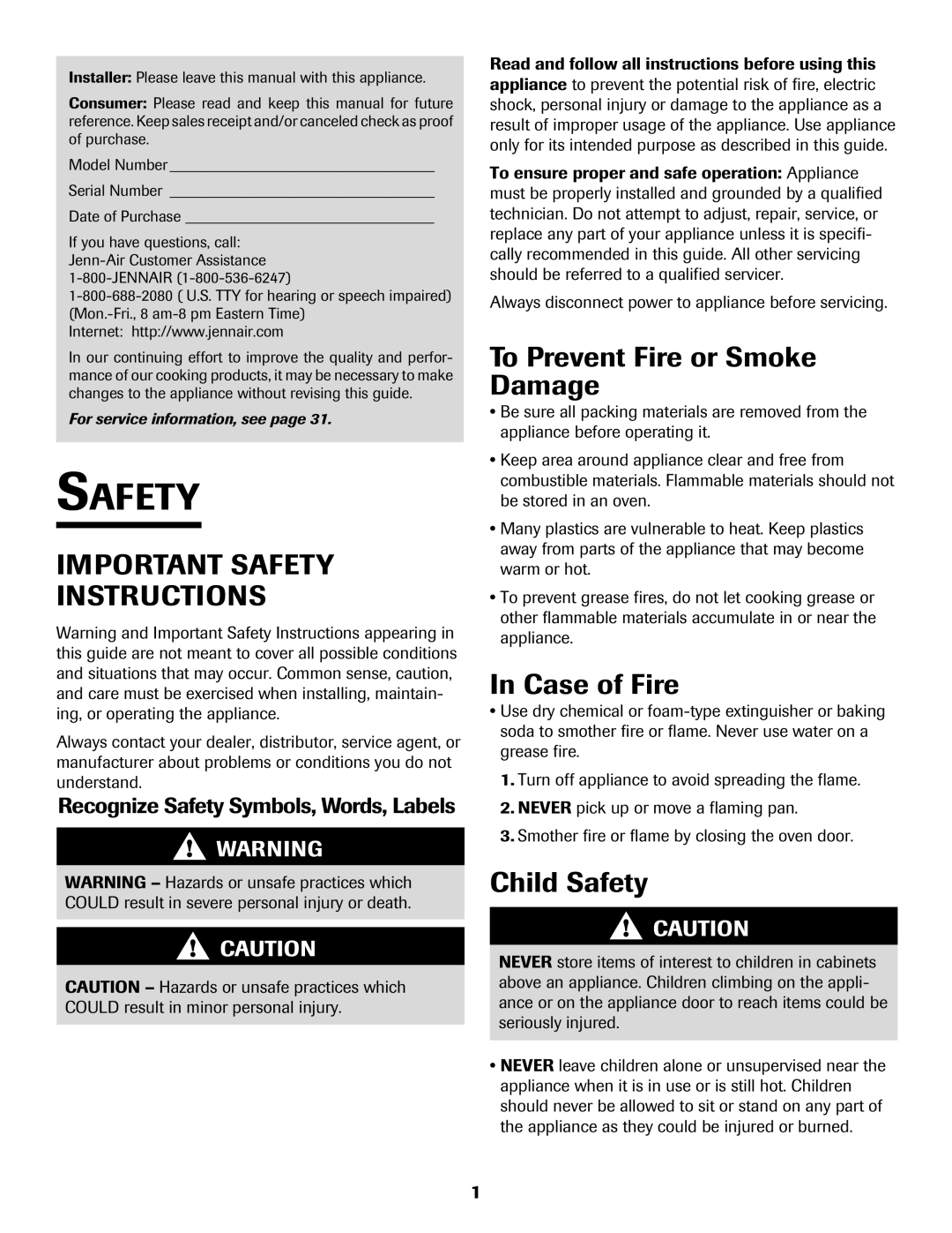 Jenn-Air 8112P212-60 Important Safety Instructions, To Prevent Fire or Smoke Damage, In Case of Fire, Child Safety 