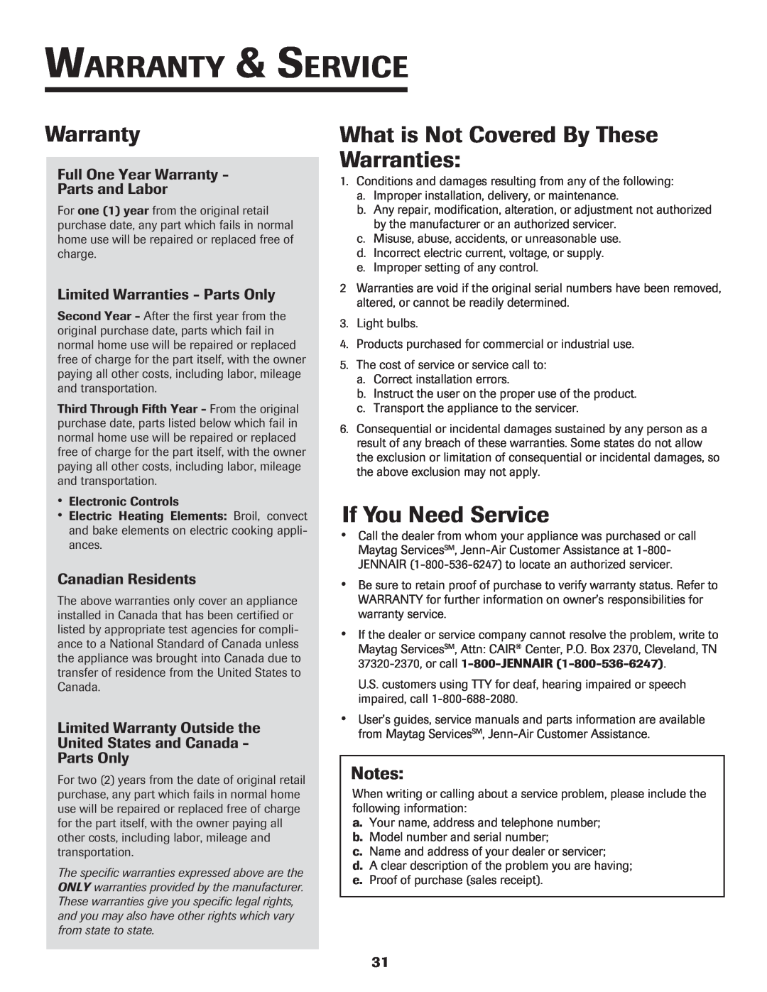 Jenn-Air 8112P212-60 Warranty & Service, What is Not Covered By These Warranties, If You Need Service, Canadian Residents 