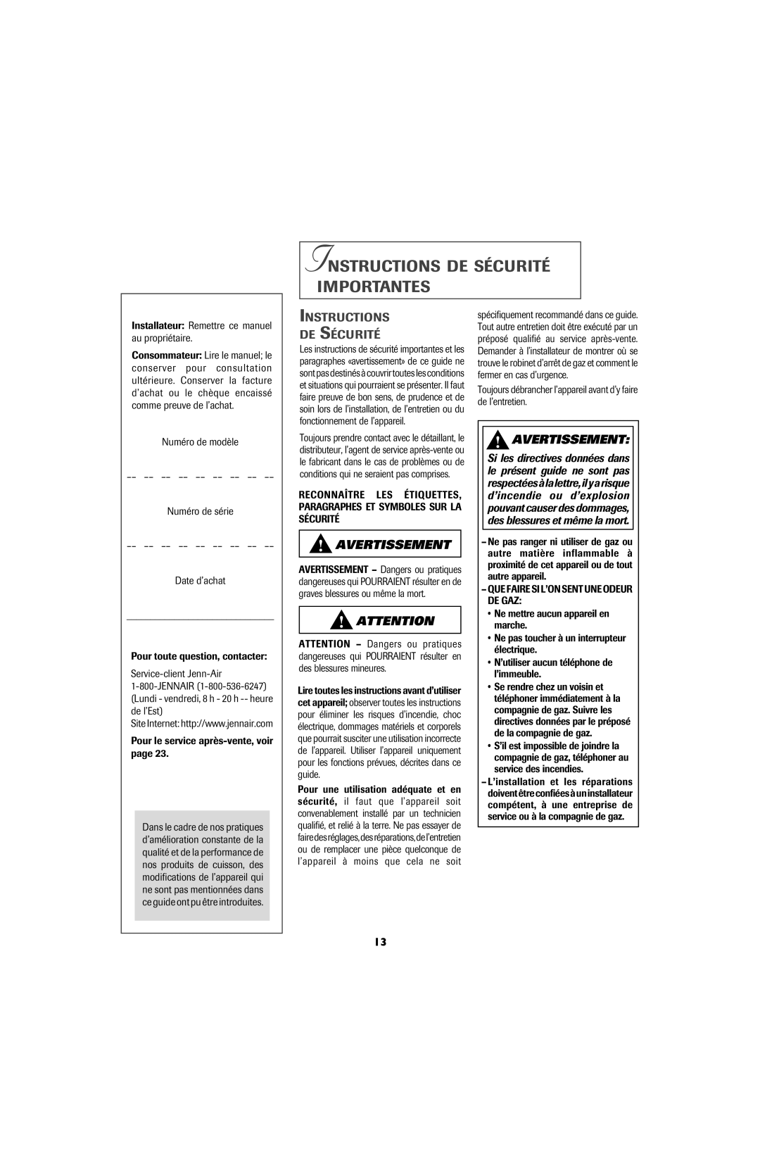 Jenn-Air 8112P341-60 Instructions DE Sécurité Importantes, Installateur Remettre ce manuel au propriétaire 