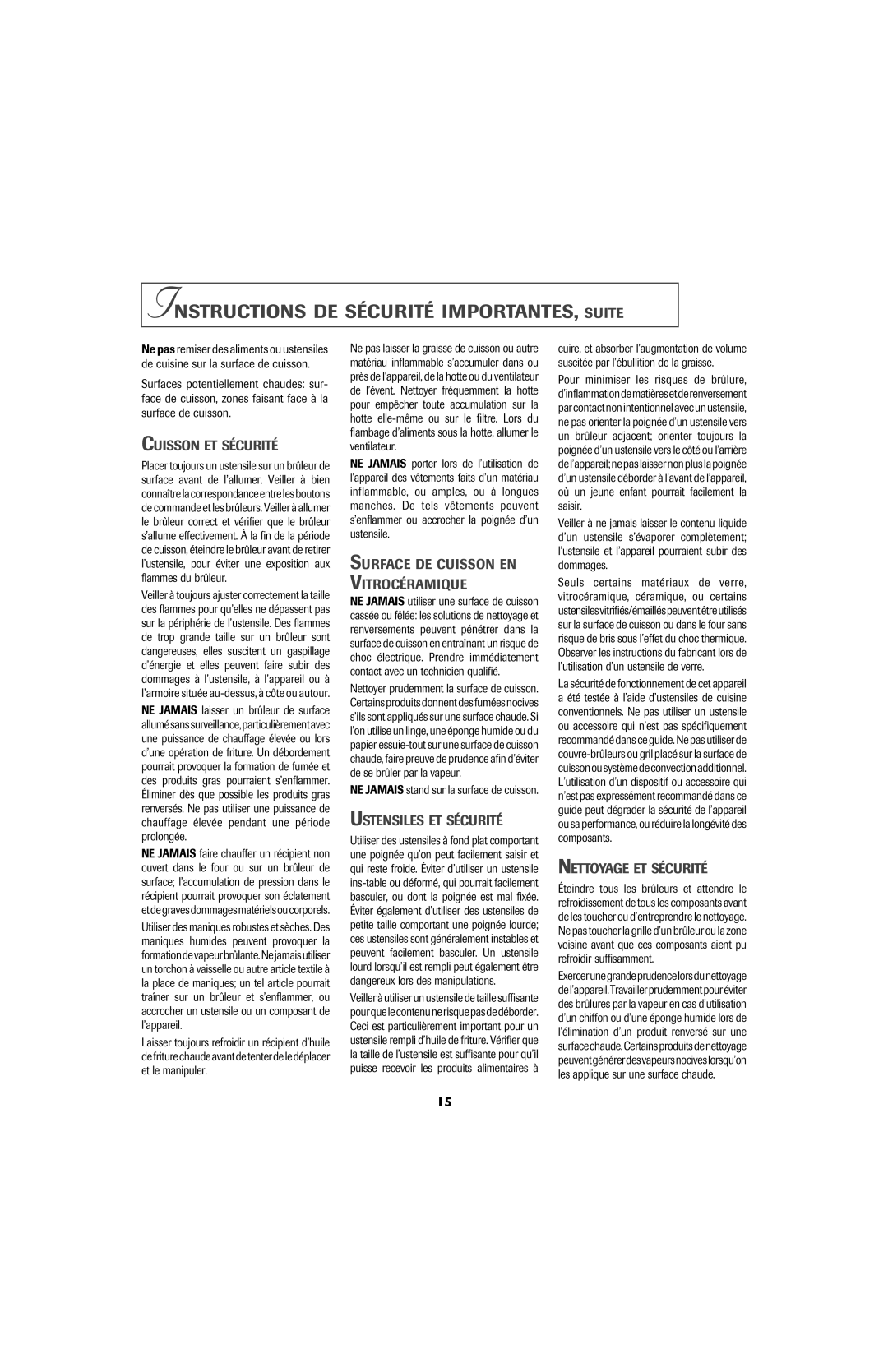 Jenn-Air 8112P341-60 Instructions DE Sécurité IMPORTANTES, Suite, Cuisson ET Sécurité, Ustensiles ET Sécurité 