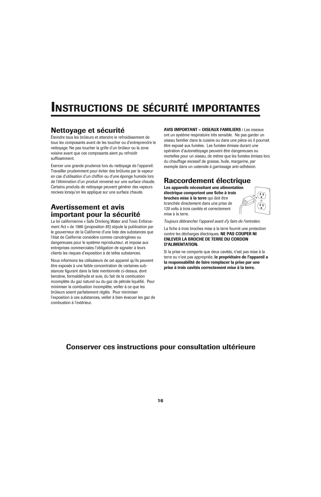 Jenn-Air 8112P342-60 Nettoyage et sécurité, Avertissement et avis important pour la sécurité, Raccordement électrique 