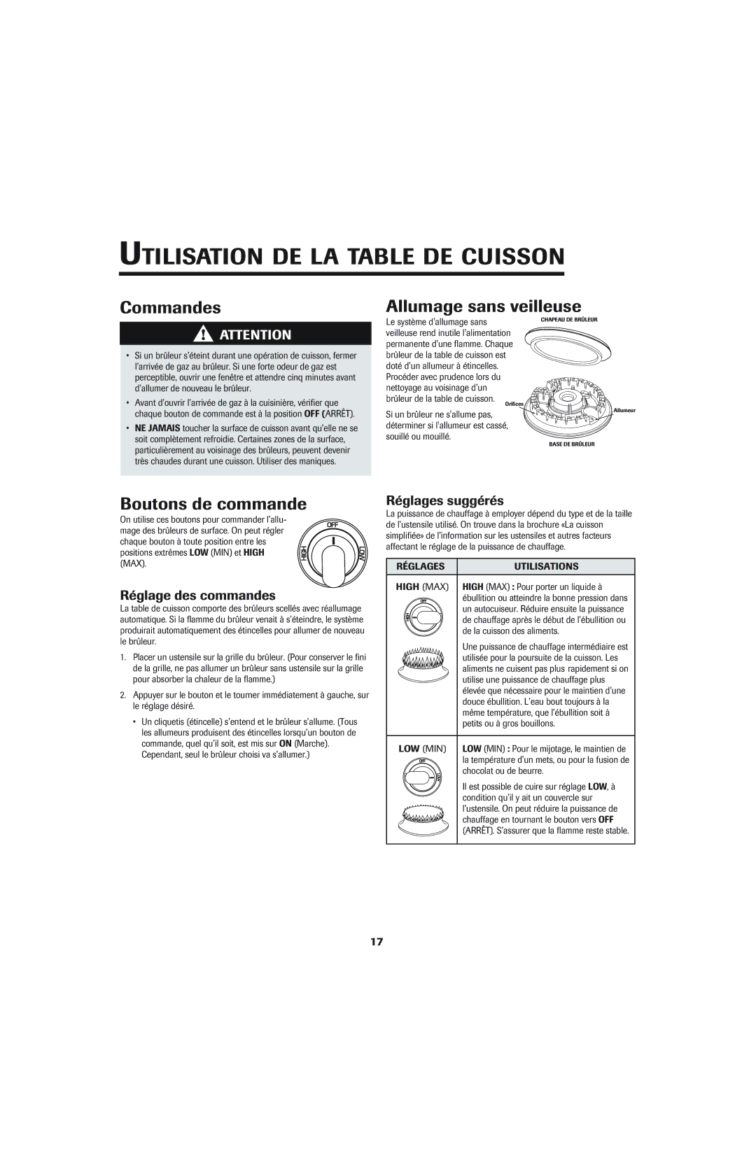 Jenn-Air 8112P342-60 Utilisation DE LA Table DE Cuisson, Commandes Allumage sans veilleuse, Boutons de commande 