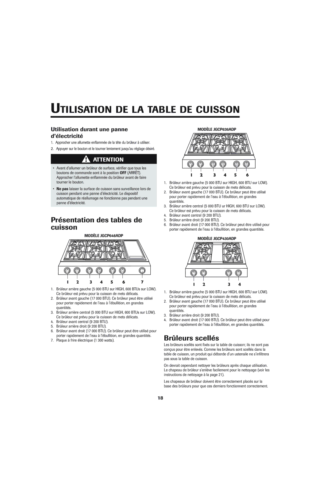 Jenn-Air 8112P342-60 Présentation des tables de cuisson, Brûleurs scellés, Utilisation durant une panne, ’électricité 