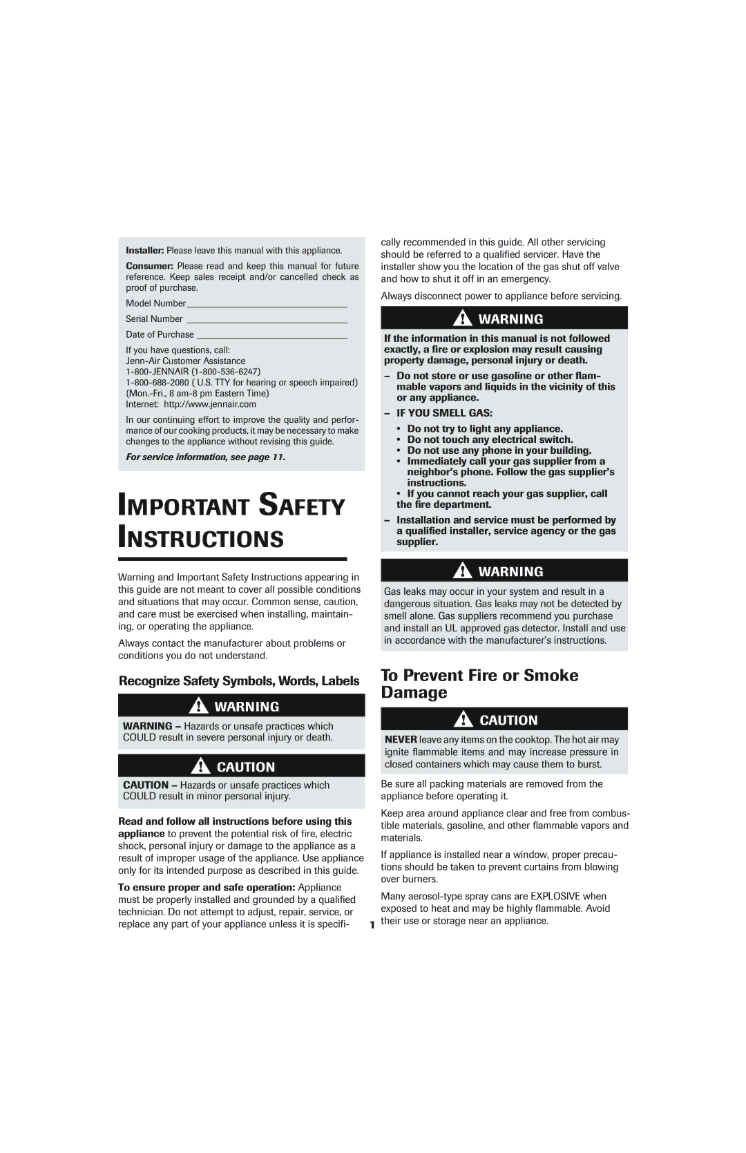 Jenn-Air 8112P342-60 important safety instructions Important Safety Nstructions, To Prevent Fire or Smoke, Damage 