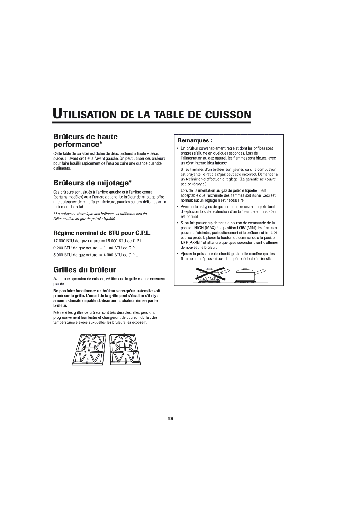 Jenn-Air 8112P342-60 Brûleurs de haute performance, Brûleurs de mijotage, Grilles du brûleur, Remarques 