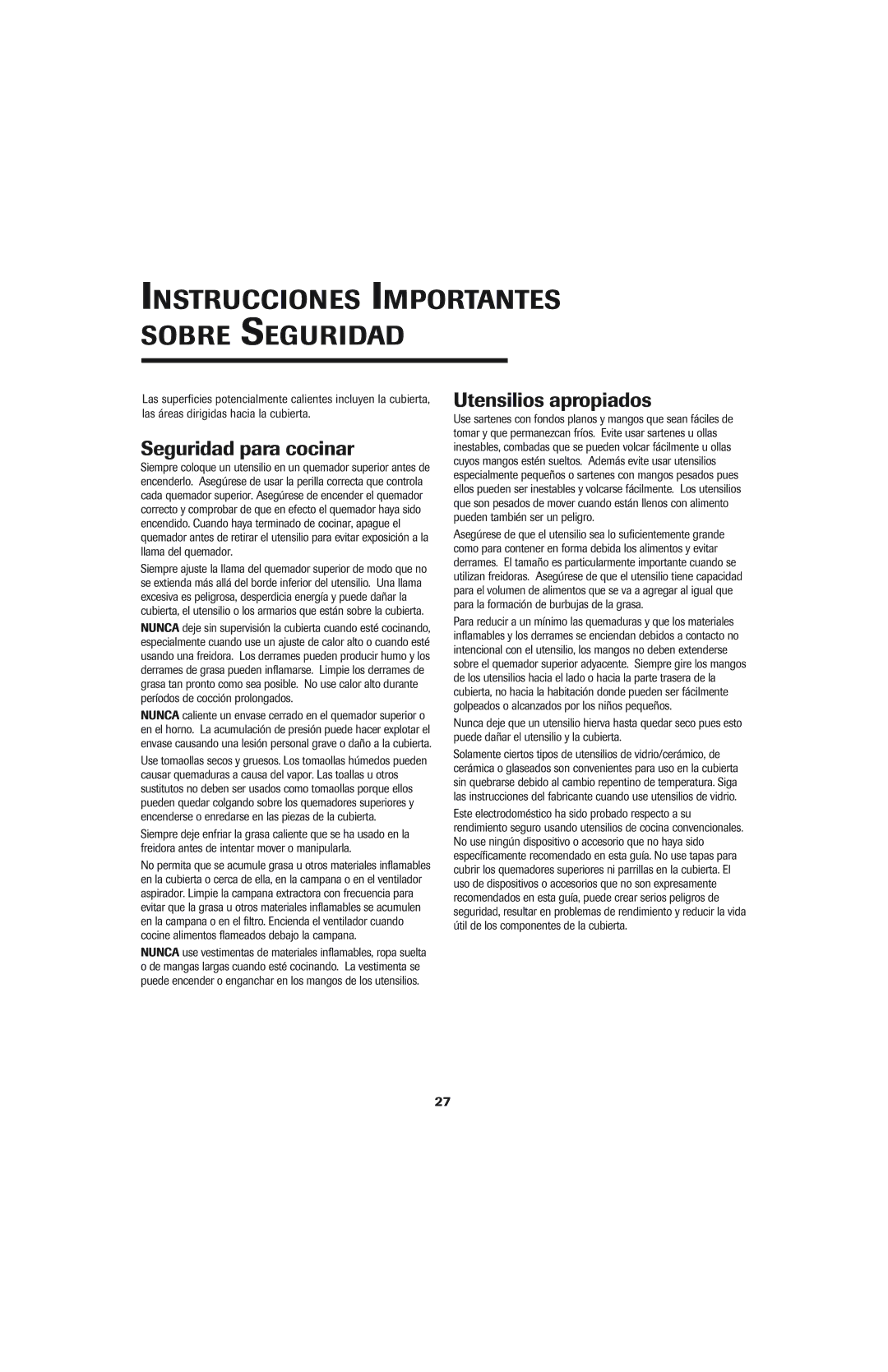 Jenn-Air 8112P342-60 important safety instructions Seguridad para cocinar, Utensilios apropiados 