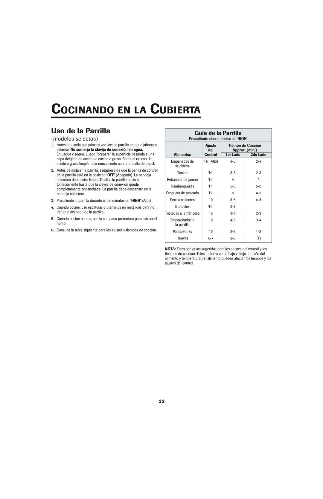 Jenn-Air 8112P342-60 Uso de la Parrilla, Modelos selectos Guía de la Parrilla, Precaliente cinco minutos en ‘HIGH’ 