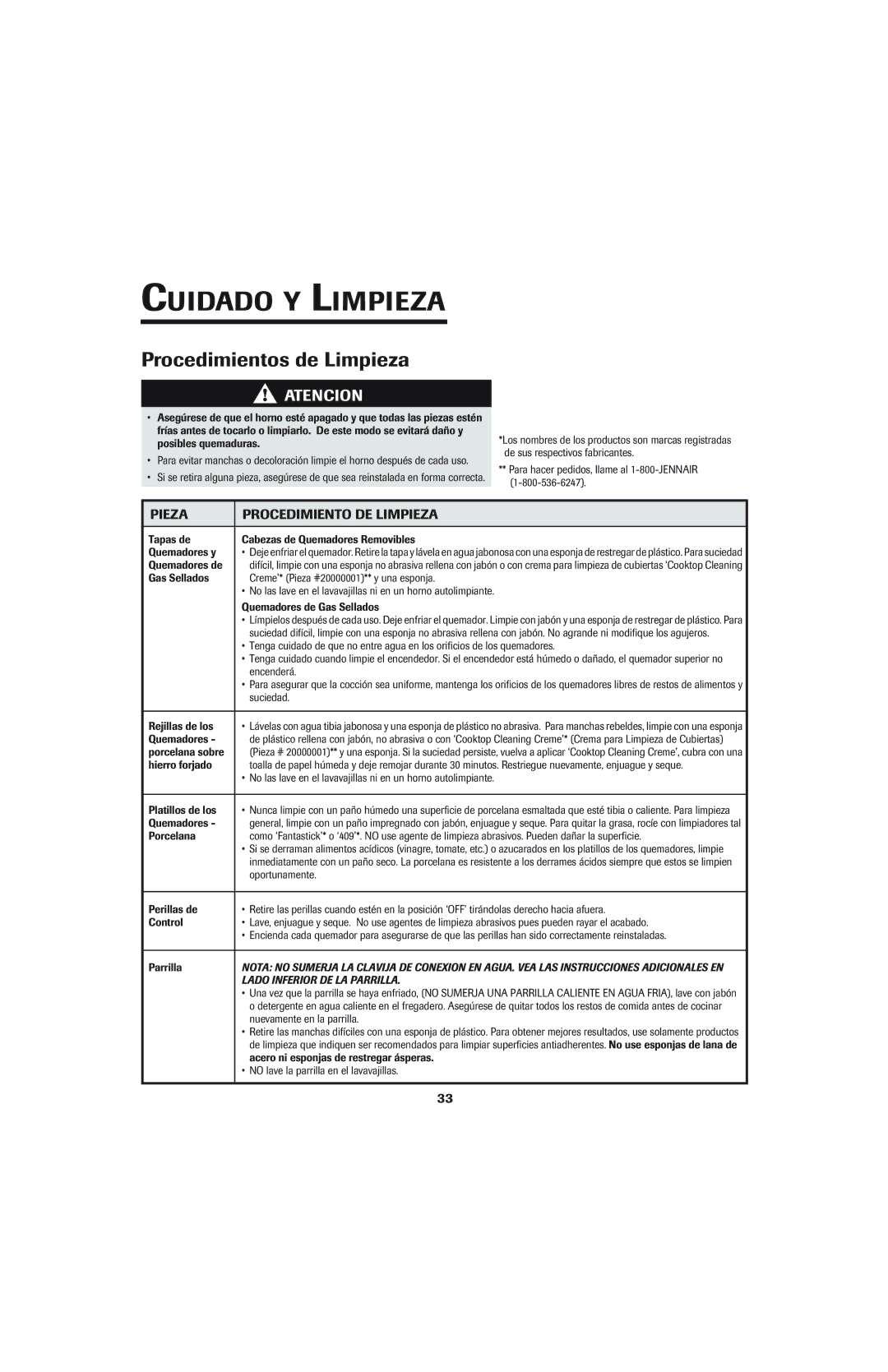 Jenn-Air 8112P342-60 Cuidado Y Limpieza, Procedimientos de Limpieza, Pieza, Procedimiento DE Limpieza 