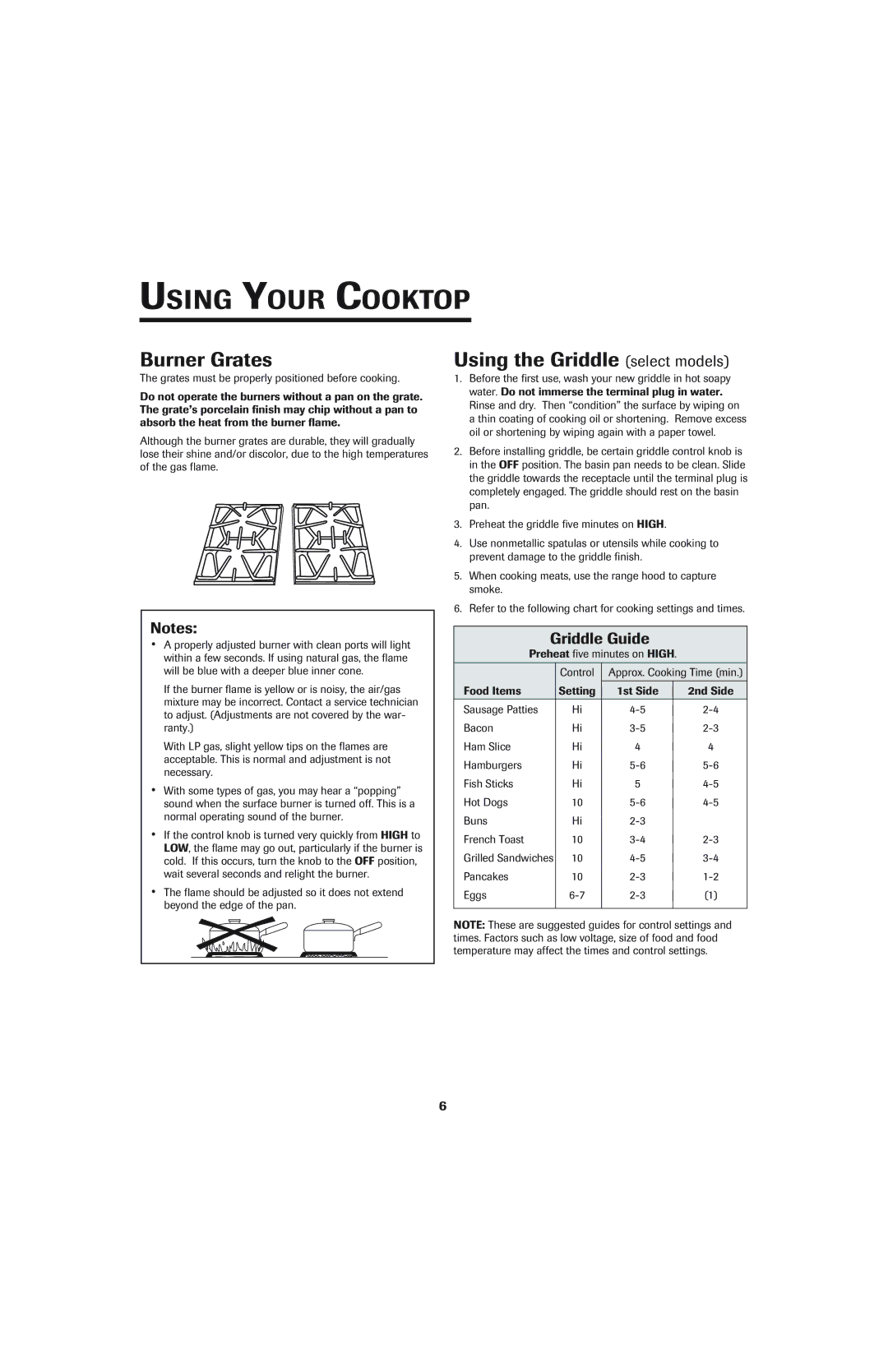 Jenn-Air 8112P342-60 important safety instructions Burner Grates, Using the Griddle select models, Griddle Guide 