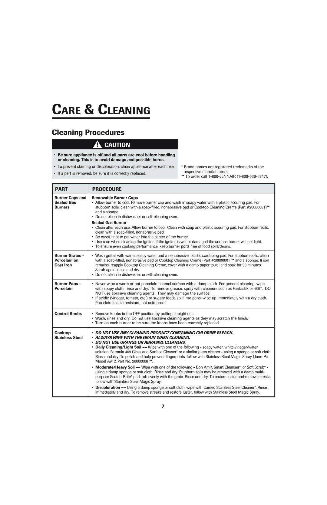 Jenn-Air 8112P342-60 important safety instructions Care & Cleaning, Cleaning Procedures, Part Procedure 