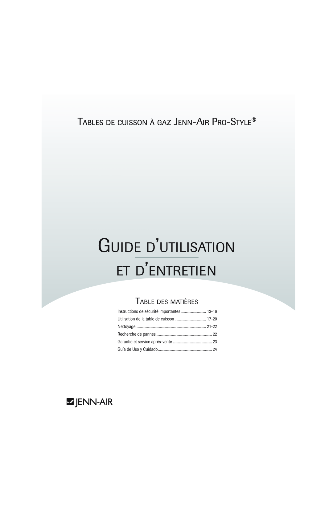 Jenn-Air 8112P342-60 Guide D’Utilisation Et D’Entretien, T J-A P-S, Table Des Matières, Garantie et service après-vente 