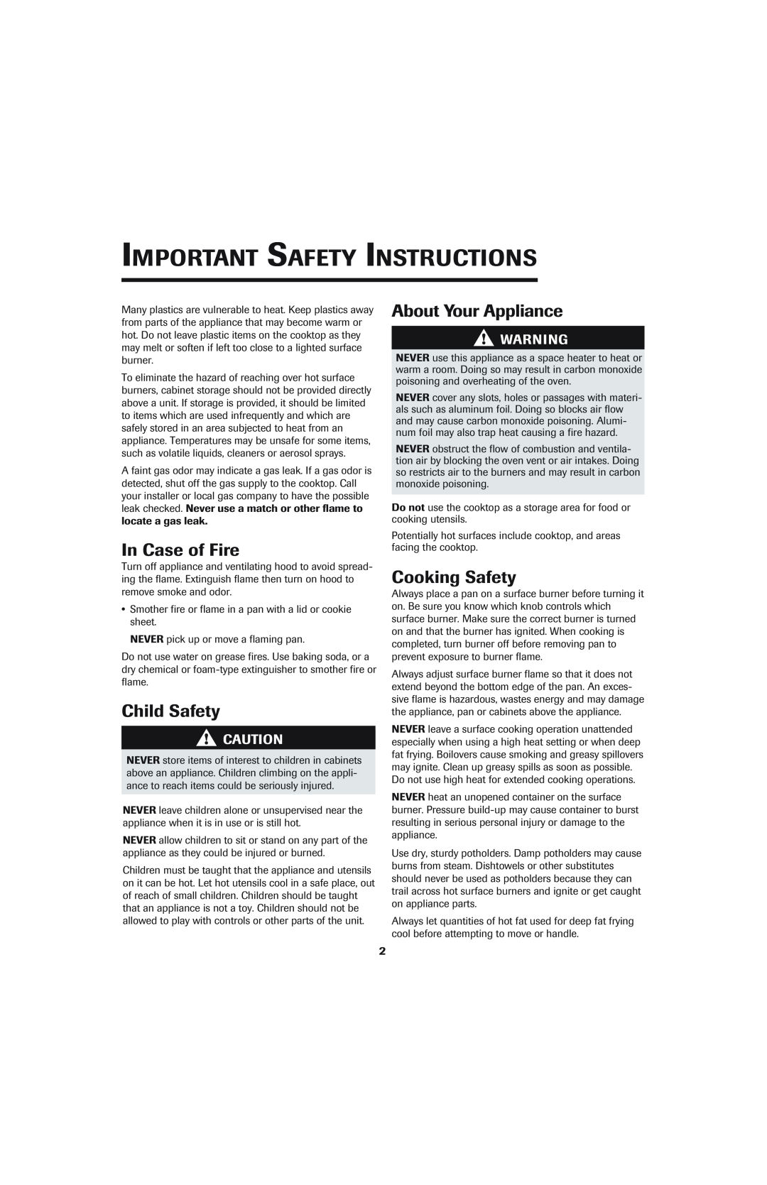 Jenn-Air 8112P342-60 Important Safety Instructions, In Case of Fire, Child Safety, About Your Appliance, Cooking Safety 