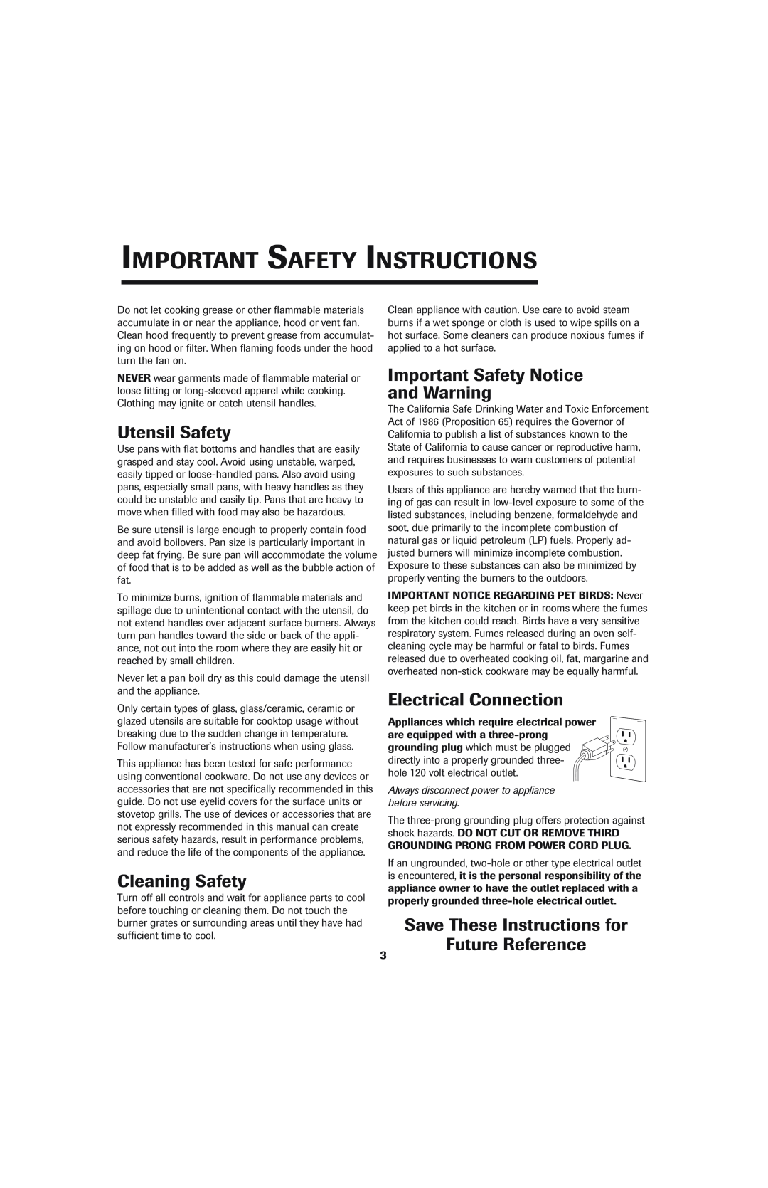 Jenn-Air 8112P342-60 Utensil Safety, Cleaning Safety, Important Safety Notice and Warning, Electrical Connection 