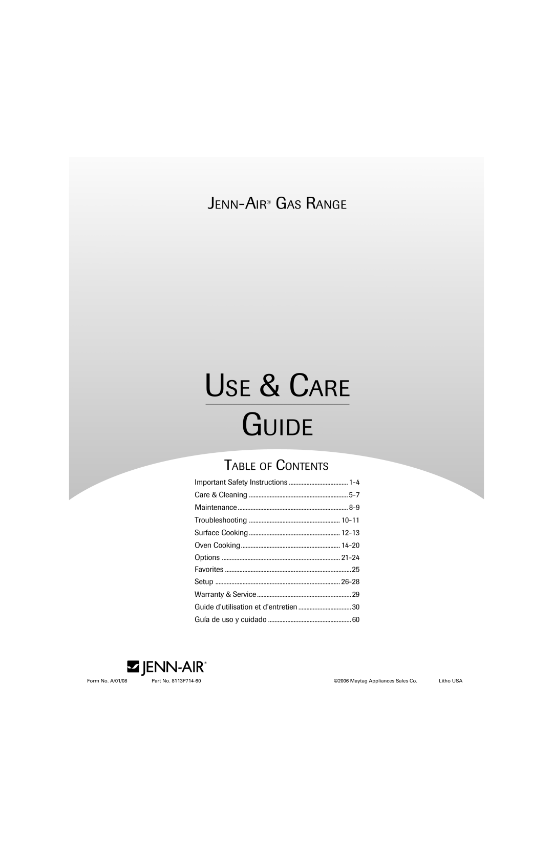 Jenn-Air 8113P714-60 important safety instructions Use & Care Guide, Jenn-Air Gas Range, Table Of Contents 
