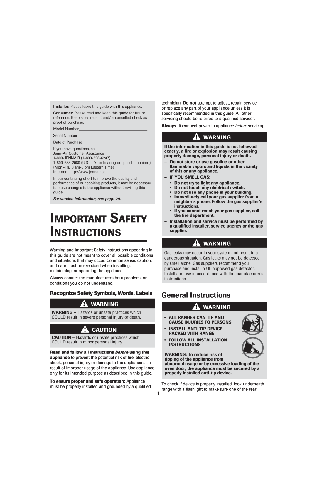 Jenn-Air 8113P714-60 General Instructions, Recognize Safety Symbols, Words, Labels, Important Safety Instructions 