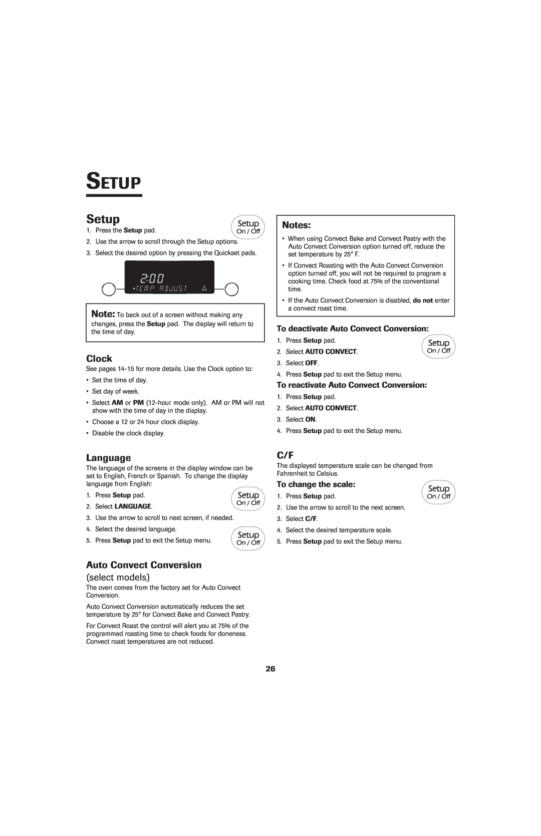 Jenn-Air 8113P714-60 Setup, Language, Auto Convect Conversion select models, To deactivate Auto Convect Conversion, Clock 