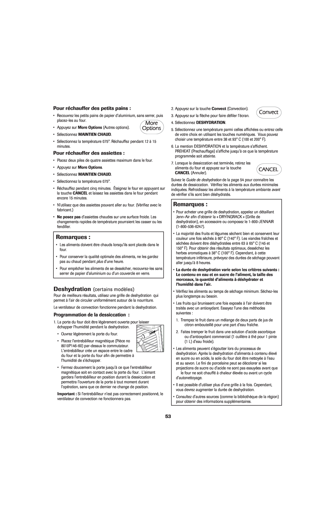 Jenn-Air 8113P714-60 Pour réchauffer des petits pains, Pour réchauffer des assiettes, Deshydration certains modèles 