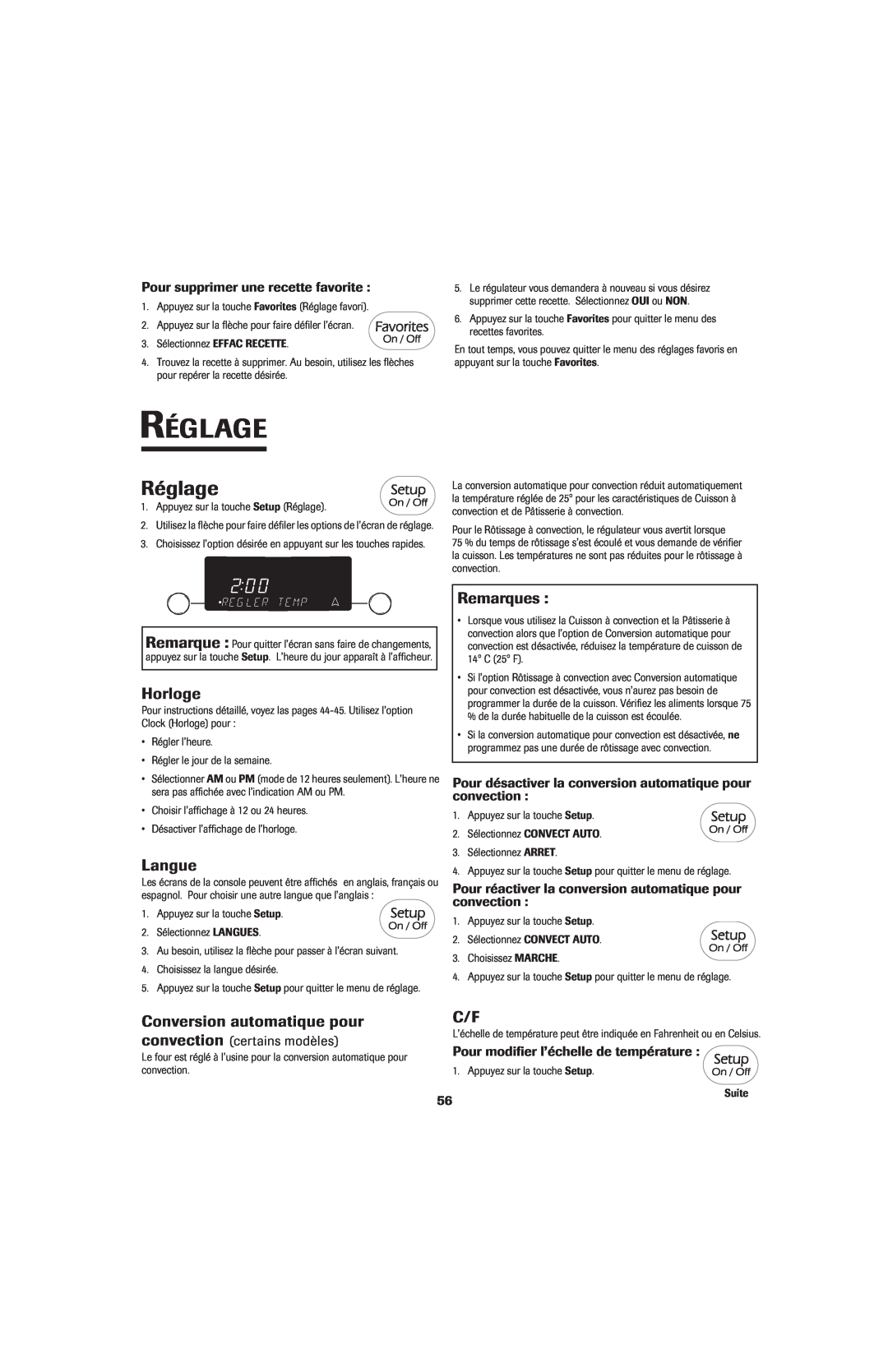 Jenn-Air 8113P714-60 Réglage, Langue, Pour supprimer une recette favorite, Pour modifier l’échelle de température, Horloge 