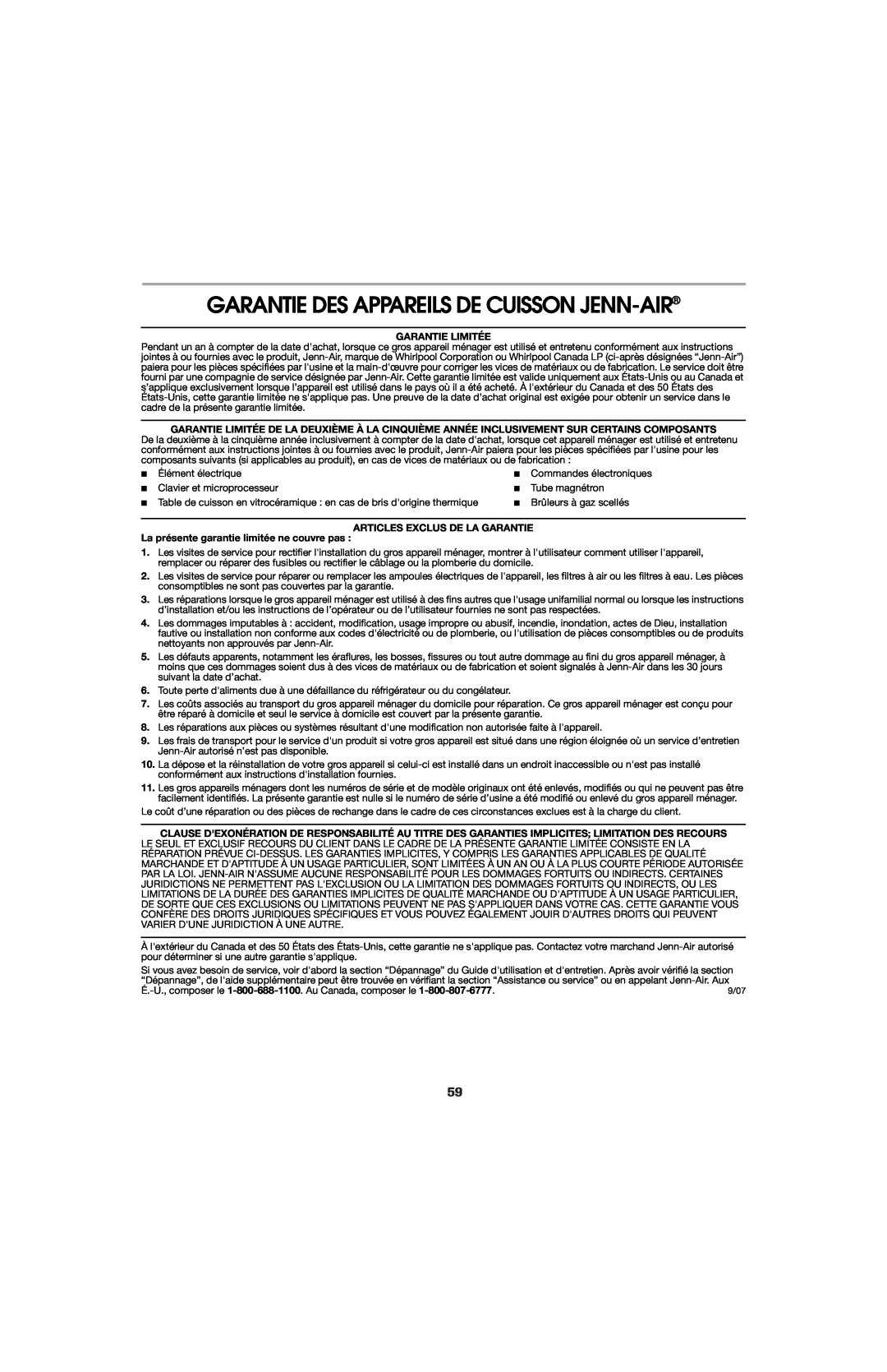 Jenn-Air 8113P714-60 Garantie Des Appareils De Cuisson Jenn-Air, Garantie Limitée, Articles Exclus De La Garantie 