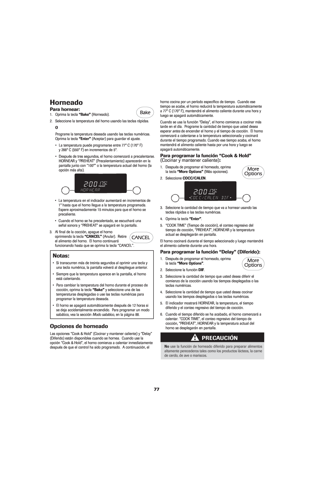 Jenn-Air 8113P714-60 Horneado, Opciones de horneado, Para hornear, Para programar la función “Delay” Diferido, Notas 