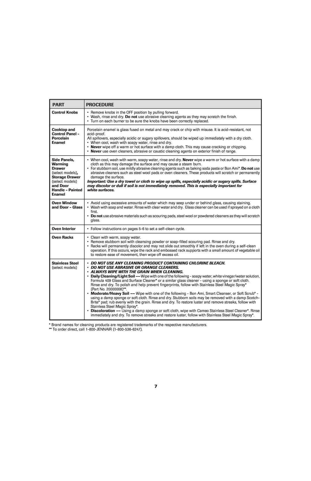 Jenn-Air 8113P714-60 Part, Procedure, white surfaces, Do Not Use Any Cleaning Product Containing Chlorine Bleach 