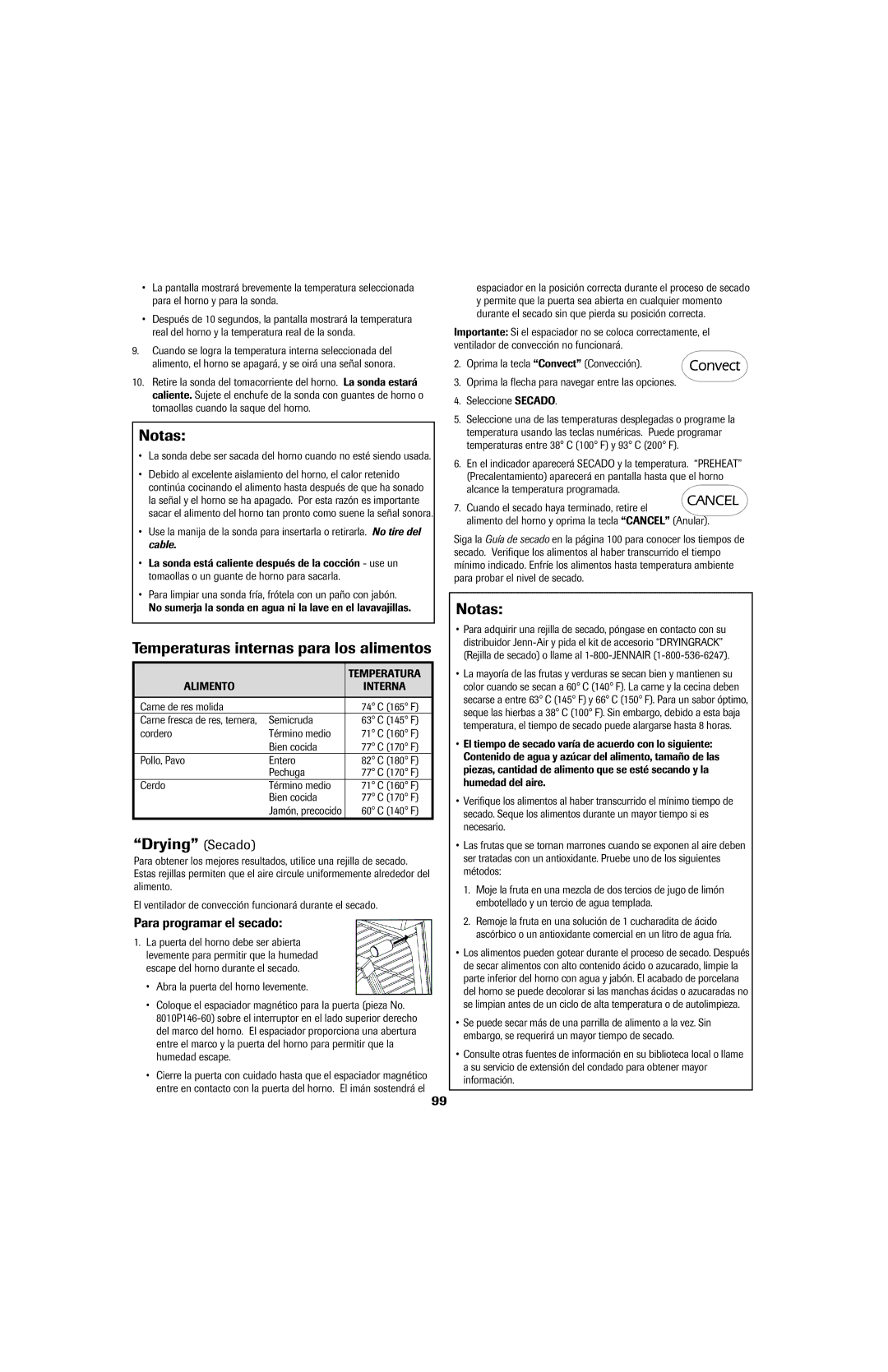 Jenn-Air 8113P753-60 Temperaturas internas para los alimentos, Drying Secado, Para programar el secado, Alimento Interna 