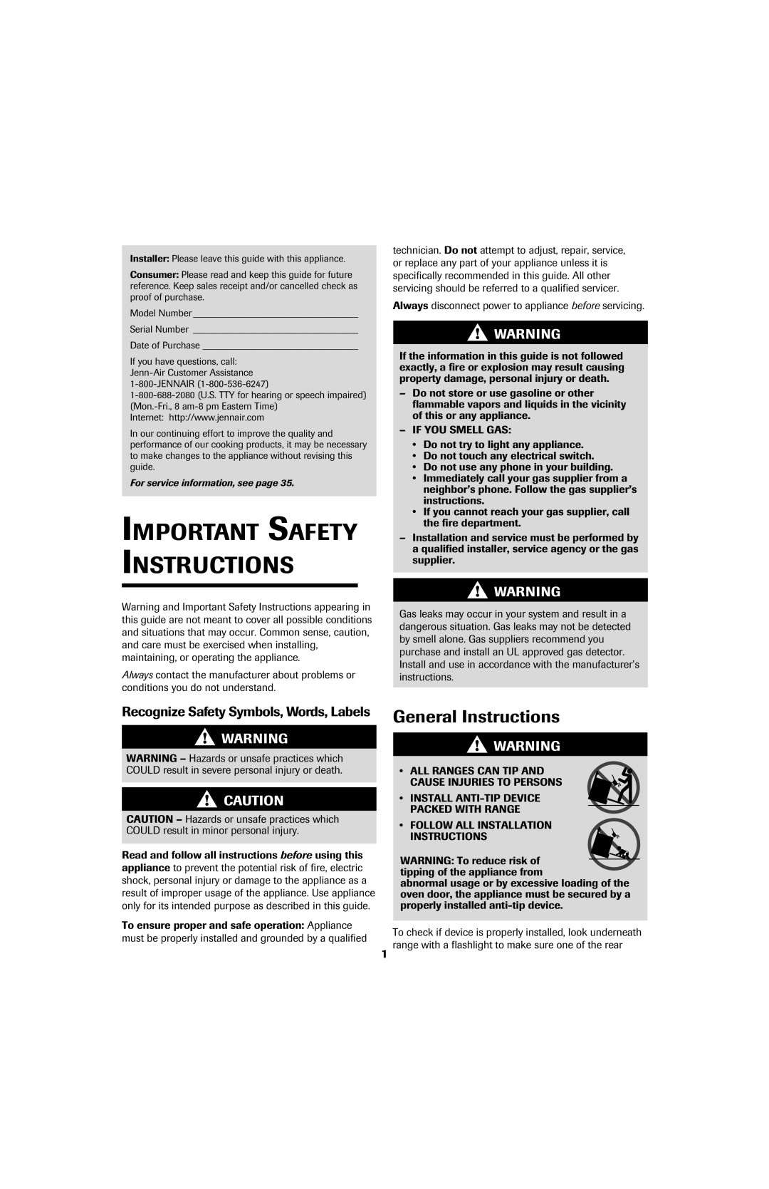 Jenn-Air 8113P753-60 important safety instructions General Instructions, Recognize Safety Symbols, Words, Labels 