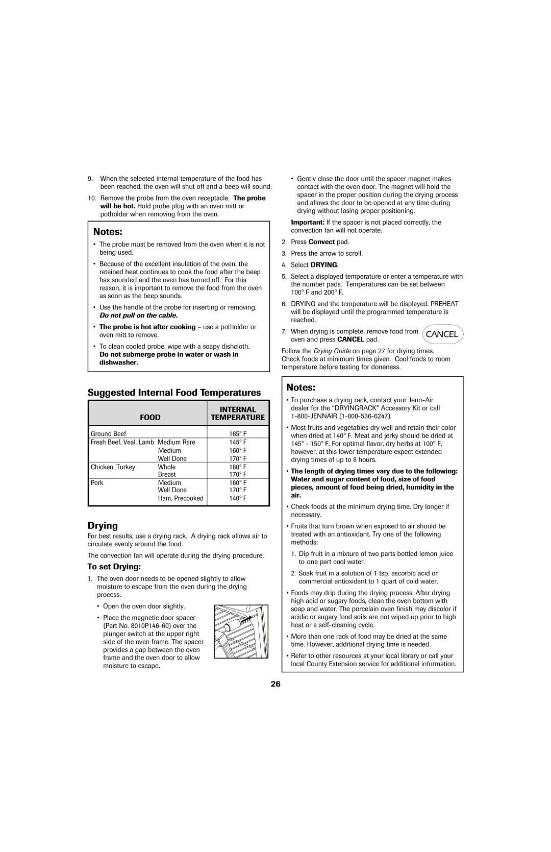 Jenn-Air 8113P753-60 important safety instructions Suggested Internal Food Temperatures, To set Drying 