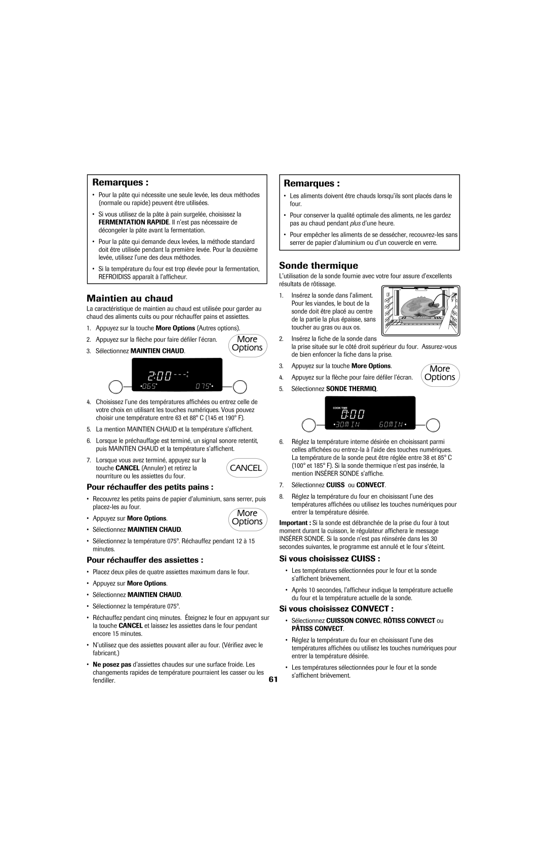 Jenn-Air 8113P753-60 Maintien au chaud, Sonde thermique, Pour réchauffer des petits pains, Si vous choisissez Convect 