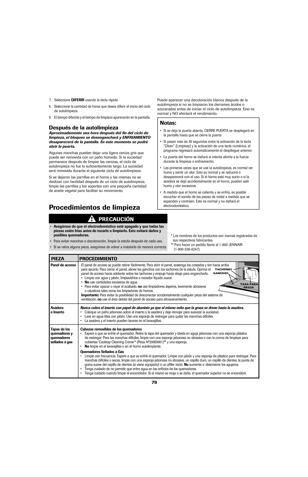 Jenn-Air 8113P753-60 Procedimientos de limpieza, Después de la autolimpieza, Notas, Pieza Procedimiento, Quemadores 