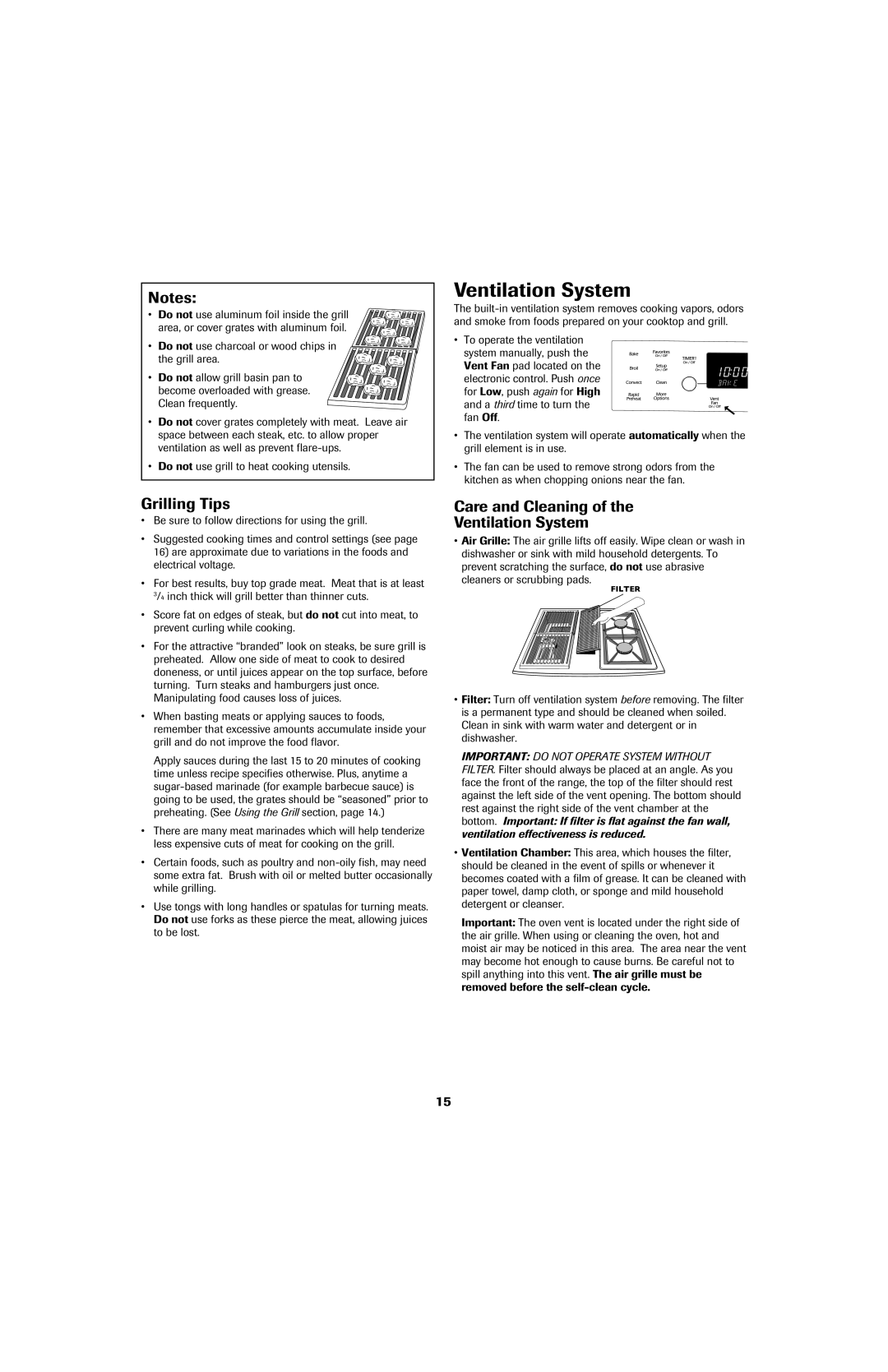 Jenn-Air 8113P753-60 important safety instructions Grilling Tips, Care and Cleaning of the Ventilation System, Notes 