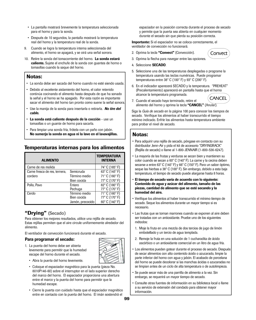 Jenn-Air 8113P754-60 Temperaturas internas para los alimentos, Drying Secado, Para programar el secado, Alimento Interna 