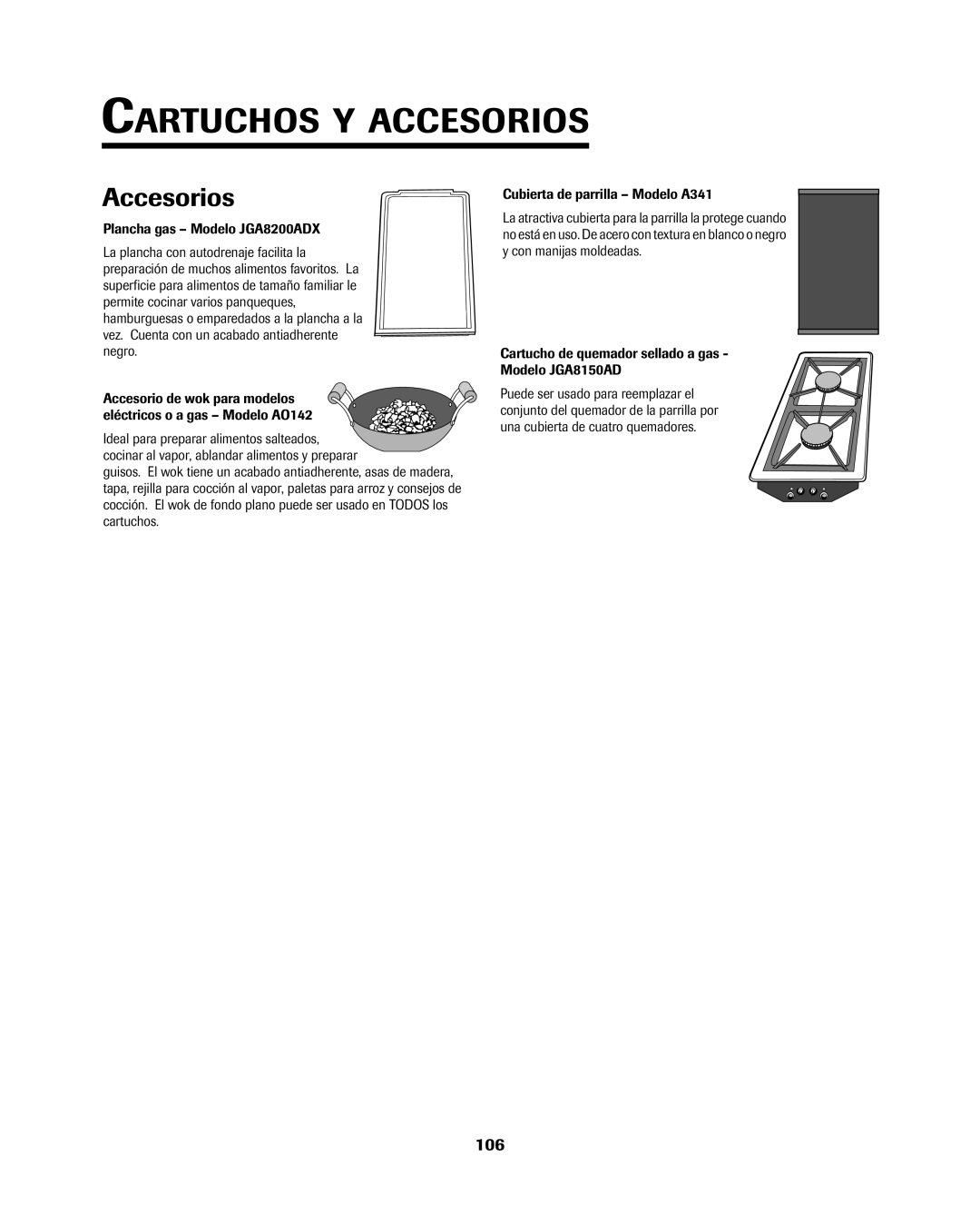 Jenn-Air 8113P754-60 important safety instructions Cartuchos Y Accesorios, 106, Plancha gas Modelo JGA8200ADX 