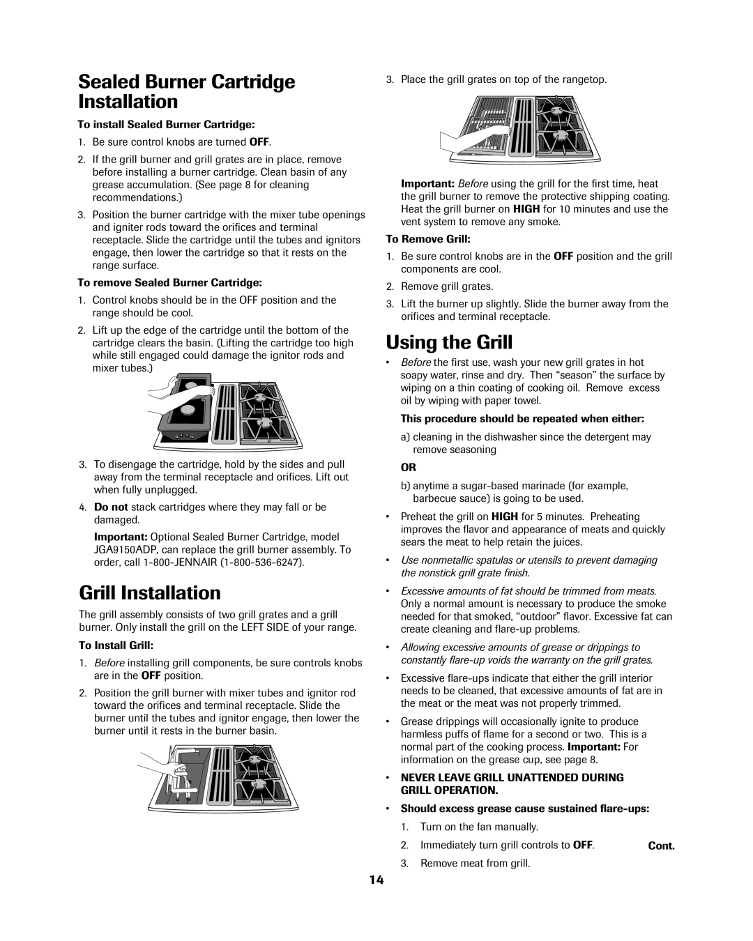 Jenn-Air 8113P754-60 Sealed Burner Cartridge Installation, Grill Installation, Using the Grill 