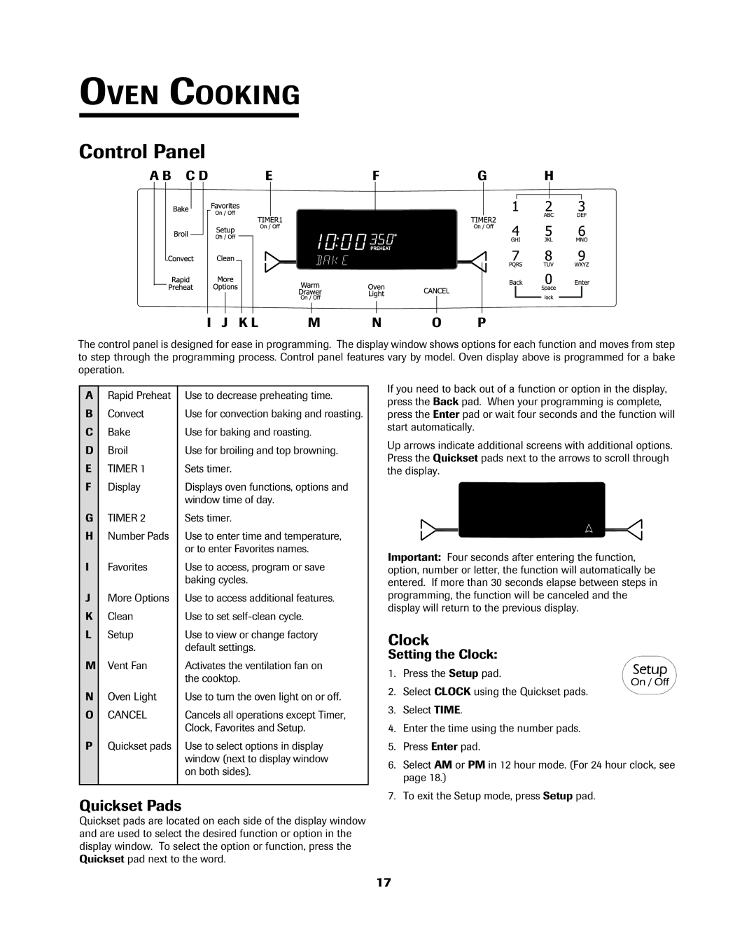 Jenn-Air 8113P754-60 important safety instructions Oven Cooking, Control Panel, Quickset Pads, Clock, C Defgh K L M N O P 