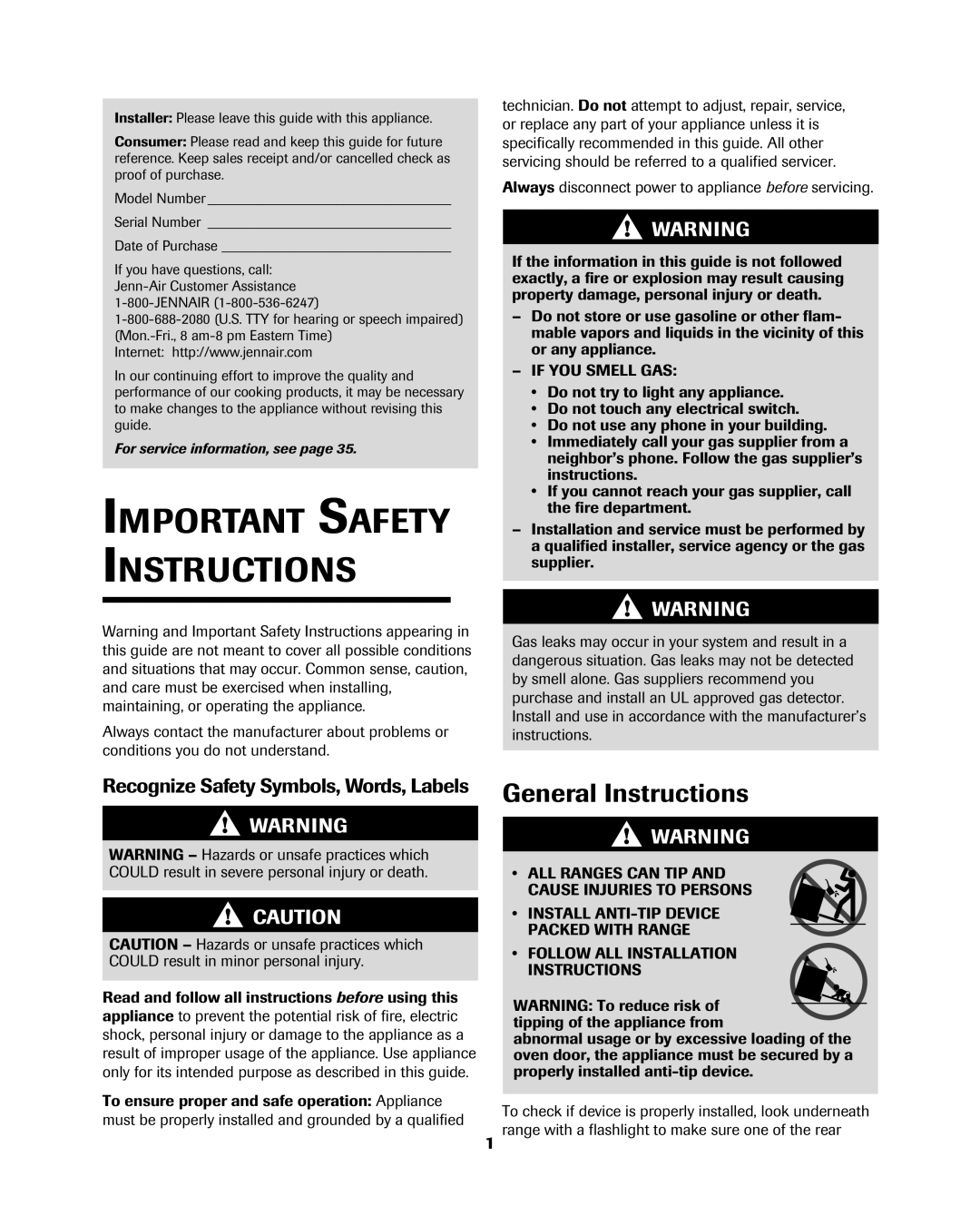 Jenn-Air 8113P754-60 important safety instructions General Instructions, Recognize Safety Symbols, Words, Labels 