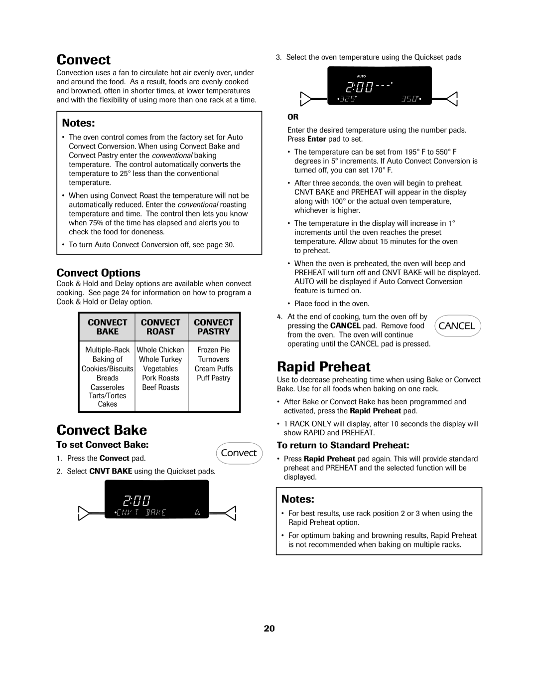 Jenn-Air 8113P754-60 important safety instructions Convect Bake, Rapid Preheat, Convect Options 