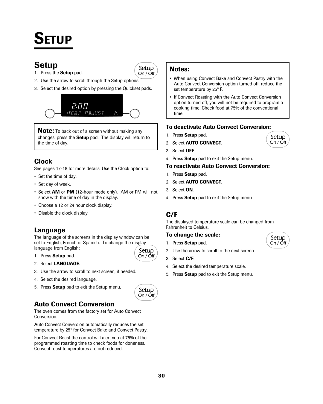 Jenn-Air 8113P754-60 important safety instructions Setup, Language, Auto Convect Conversion 